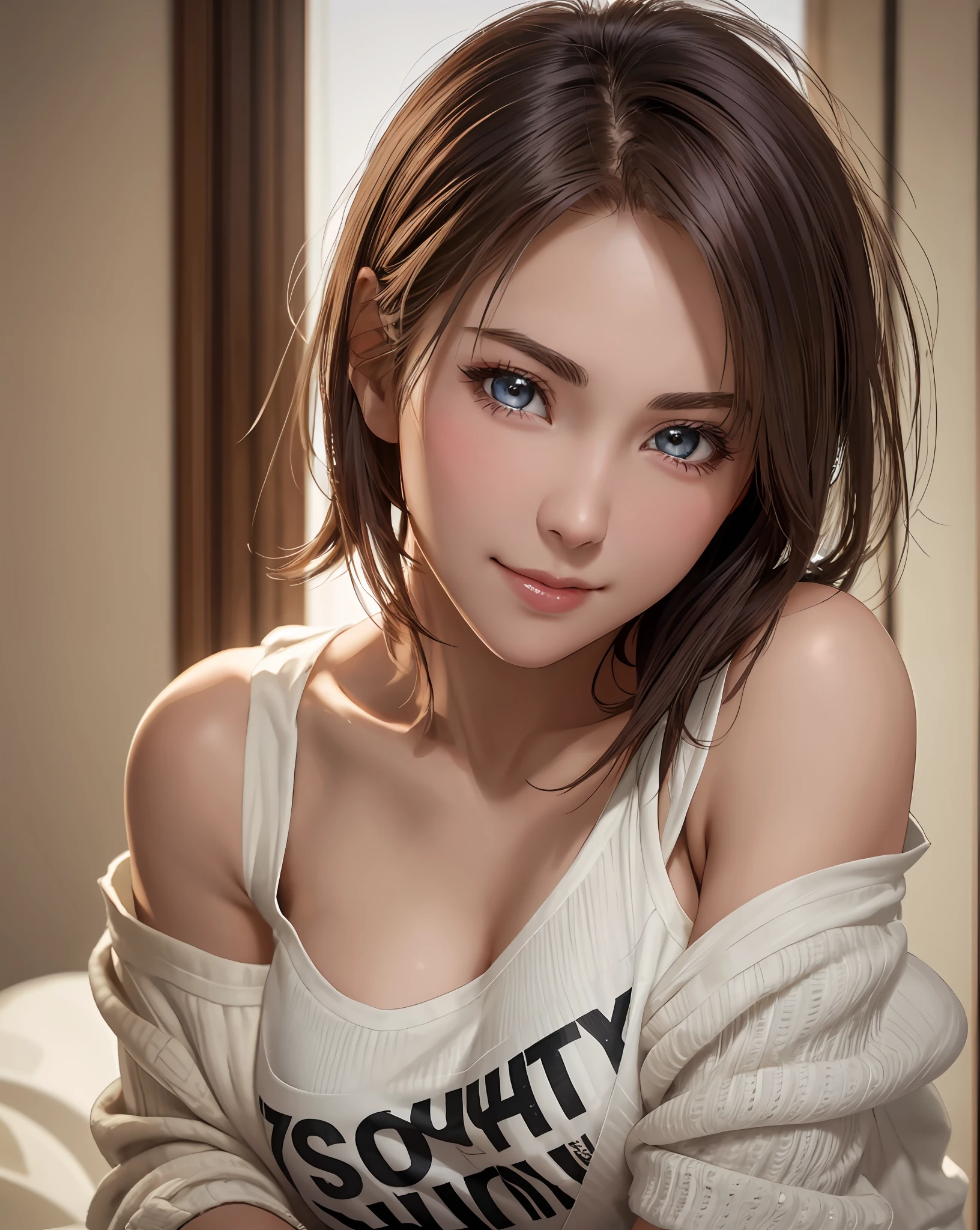 Best Quality, Ultra High Resolution, (Photorealistic: 1.4), Beautiful Eyes, Super Beautiful, Very Short Hair, Beautiful, Sweetheart, T-shirt with Rough Chest, Beautiful Soldier, Eyes That Invite Viewer, Lover's Perspective, Inviting Expression, Sexy Smile, Perfect Style, Perfect Balance, Detailed Skin, Naughty Gaze, Chest Visible