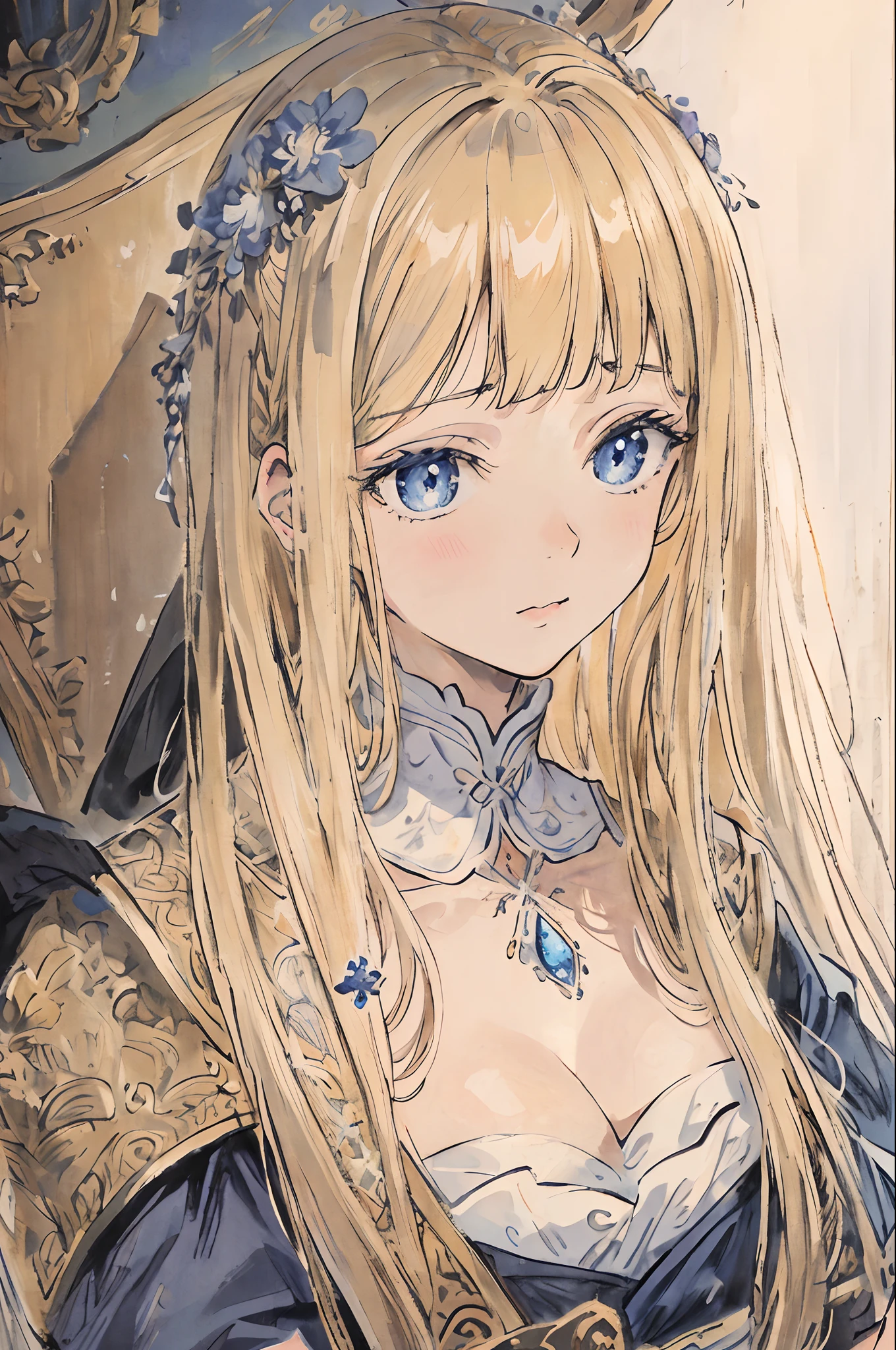 masterpiece, best quality, an extremely delicate and beautiful girl,an extremely delicate and beautiful, world masterpiece theater, ultra-detailed, highly detailed, best quality, blonde hair, highres, extremely detailed,1girl, best quality, illustration, looking at viewer, impasto, canvas, oil painting, realistic, realist ,real, sapphire eyes, A Duchess, The body is full and mature but the facial expression is a bit childish and cute