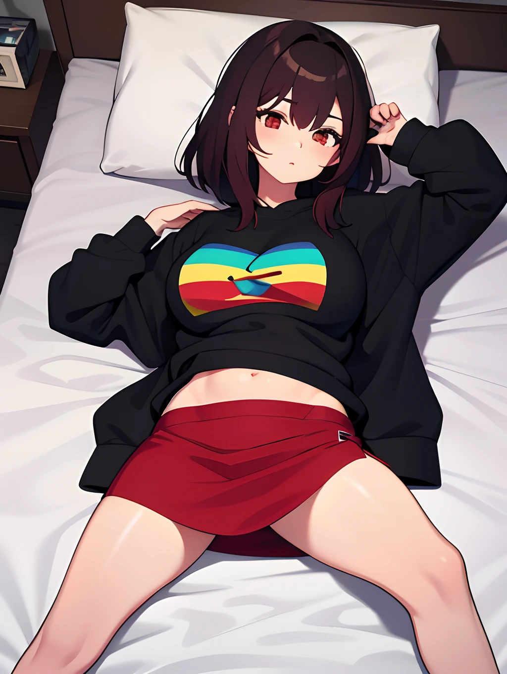 Kizi，huge tit，Sweatshirt，Superskirt，leg loops，Bedrooms，Lie down in bed，brunette color hair，Red pick dye