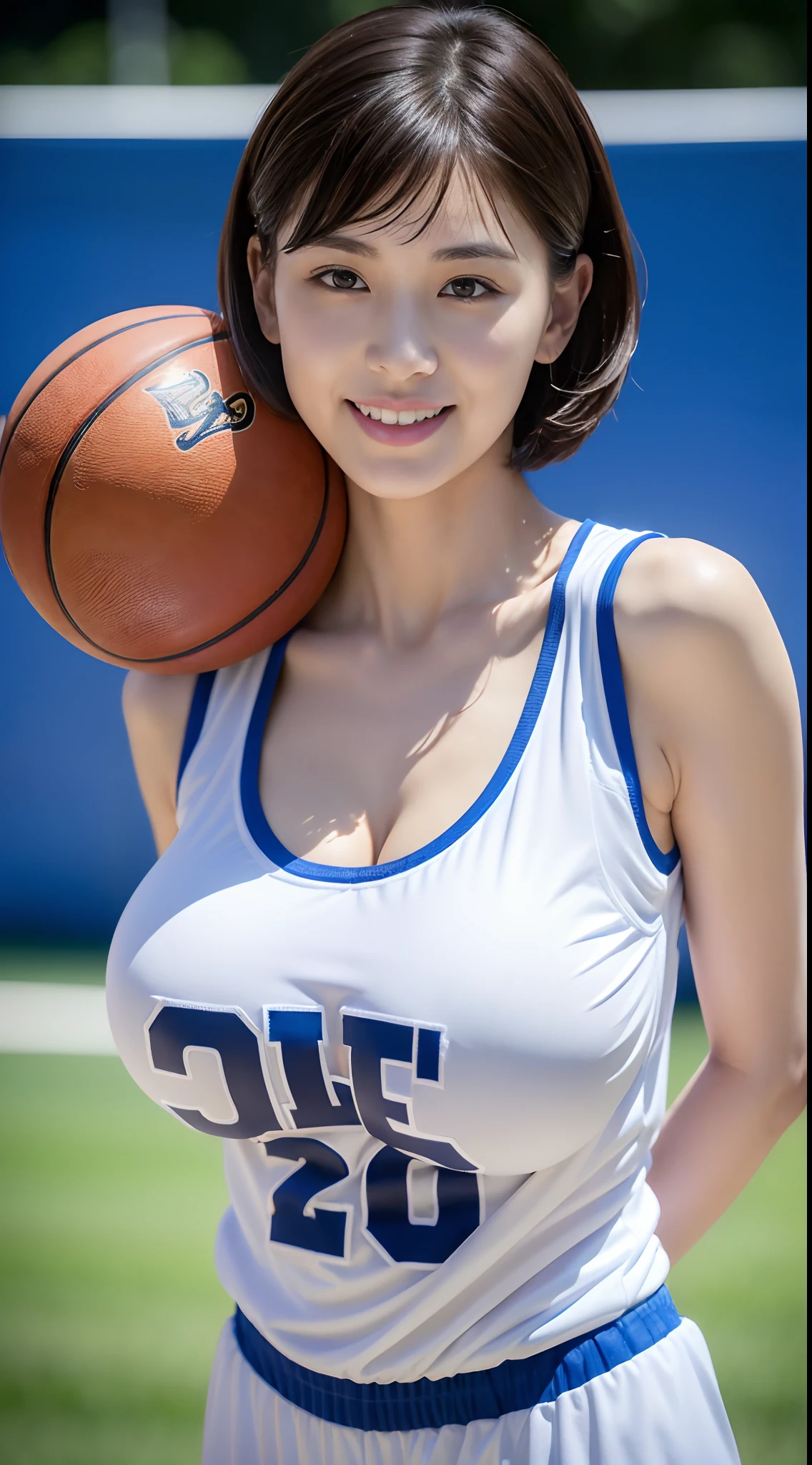 (top-quality、8K、​masterpiece:1.3)、Ultra-high delicate、Beautiful Women in Perfect Figure:1.4、Basketball Shoes、Short stature、Shorthair:1.2、bangss、二重まぶた:1.2、Basketball player jersey with upper body only:1.5、Lower body :1.4、Basketball Tank Top、During the match、Jump with a shot、shaking :1.5、 erect、(Show off through the gap in the tank top:1.4)、(Very dense pubic hair:1.3)、Expand Majora:1.3、(audience、Gymnasium、Basketball court:1.2)、extremely detailed face and skin、A detailed eye、shinny skin、Happy smile:1.2), (:1.4), Dark hair,