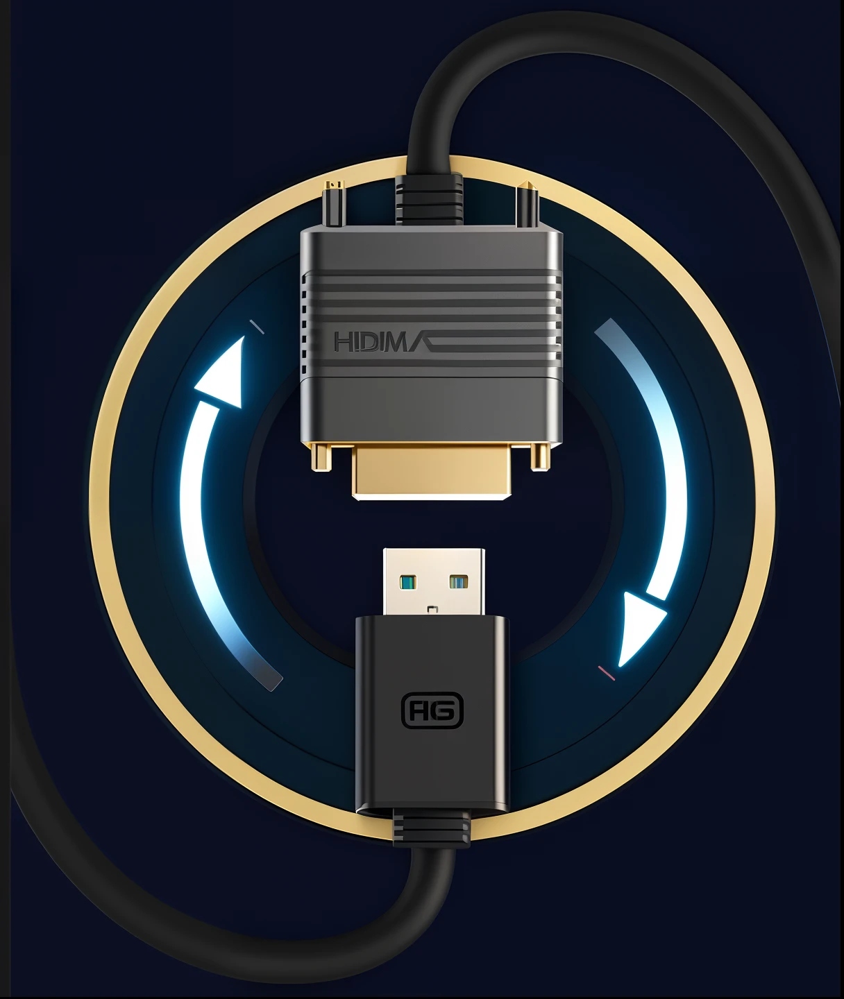 There is a USB cable connected to the HDMI adapter, made of high tech materials, highly technical, High technical details, highly mechanical, high quality illustration, easy to use, igh detailed, high detail illustration, detail-rich, highly creative, incredible high details, high detal, incredible hd detail, hight detailed, High quality details, high definition detail