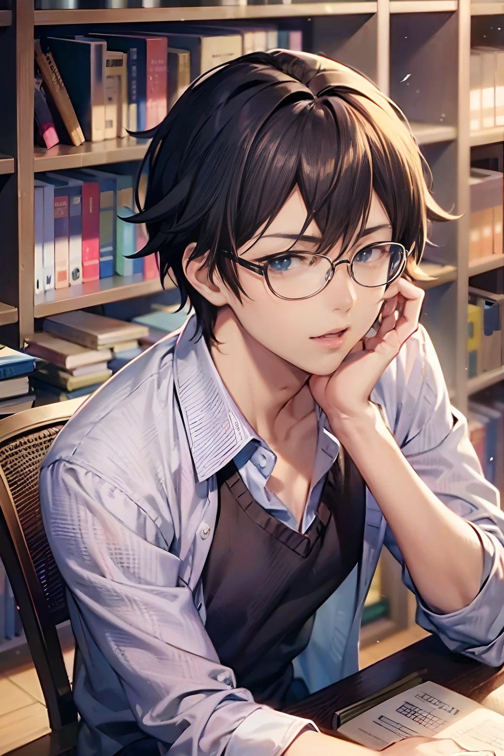 Anime boy sitting at desk with books and books, Handsome Anime Pose, young anime man, kawacy, Makoto, By Shinkai Makoto. - H 2160, anime handsome guy, sakimichan, anime moe art style, male anime characters, By Shinkai Makoto. a digital rendering, detaileds), visual novel cg,Wearing glasses