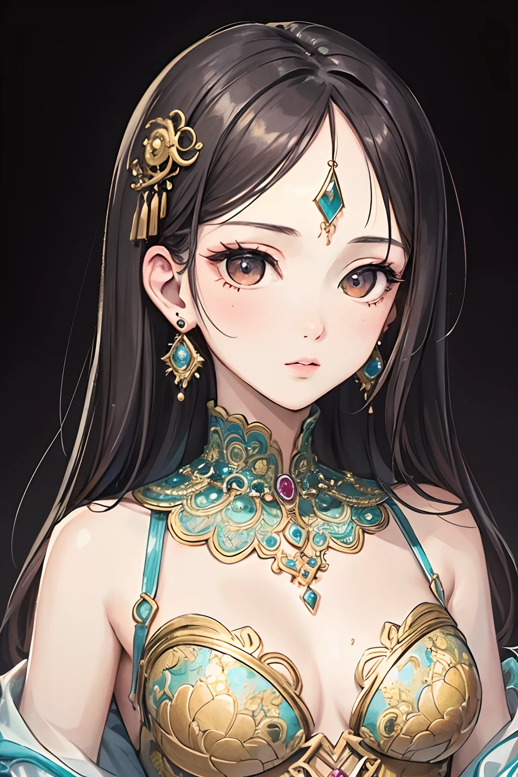 (Masterpiece, Top Quality, Best Quality, Official Art, Beauty and Aesthetics: 1.2), (1girl: 1.3), Very Detailed, (Fractal Art: 1.1), (Color: 1.1), Most Detailed, (Zentangle: 1.2), (Shiny Skin), (Earrings: 1.4), Simple Background, Head Close-up, Conservative Clothes, No Chest