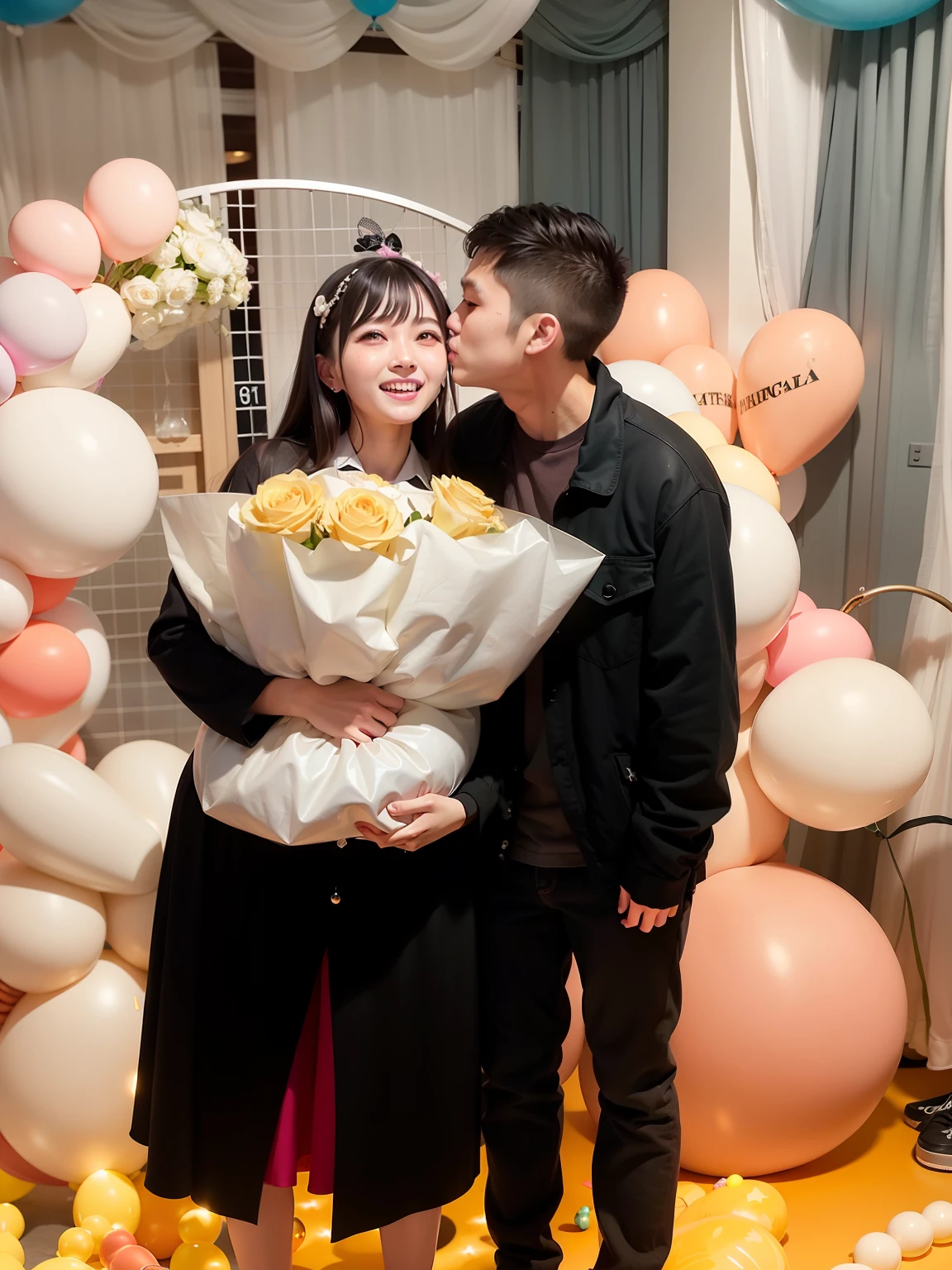 They stand in front of a balloon arch with balloons, cute couple, kissing together cutely, Happy couple, Ruan Jia and Fenghua Zhong, They are in love, ruan jia and brom, 😭 🤮 💕 🎀, KDA和Sam Yang。, Happy newlyweds, 🤬 🤮 💕 🎀, awww, 😭🤮 💔