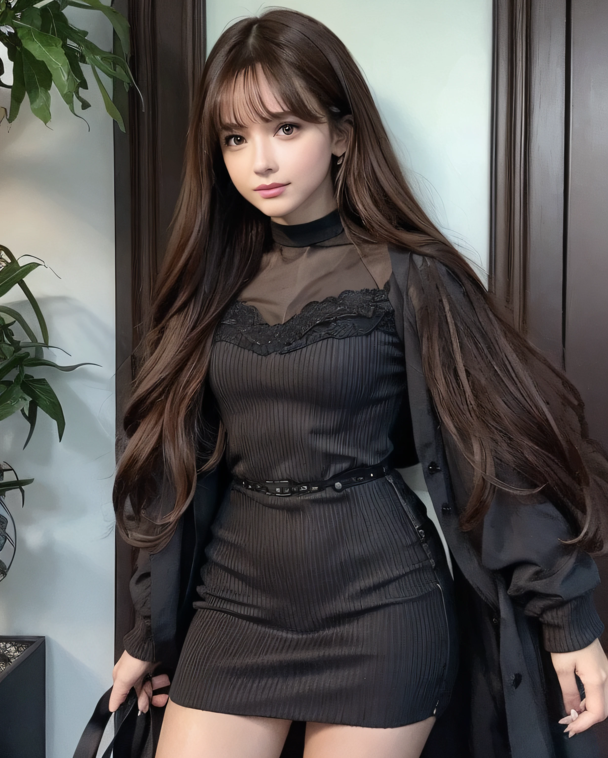 PureFace_v1, top-quality, Photorealsitic, 8K, hight resolution, 1girl in, femele, (portlate:0.6), Night lounge, See who looks straight:1.8, (1 Girl's eyes looking at the viewer, medium lenght hair, brown haired, partedbangs:1.65), (Bokeh), A smile:1.2, (Keep your mouth shut:1.16), ((full body Esbian:1.0)),Formal black dress suit, full body Esbian, small tits