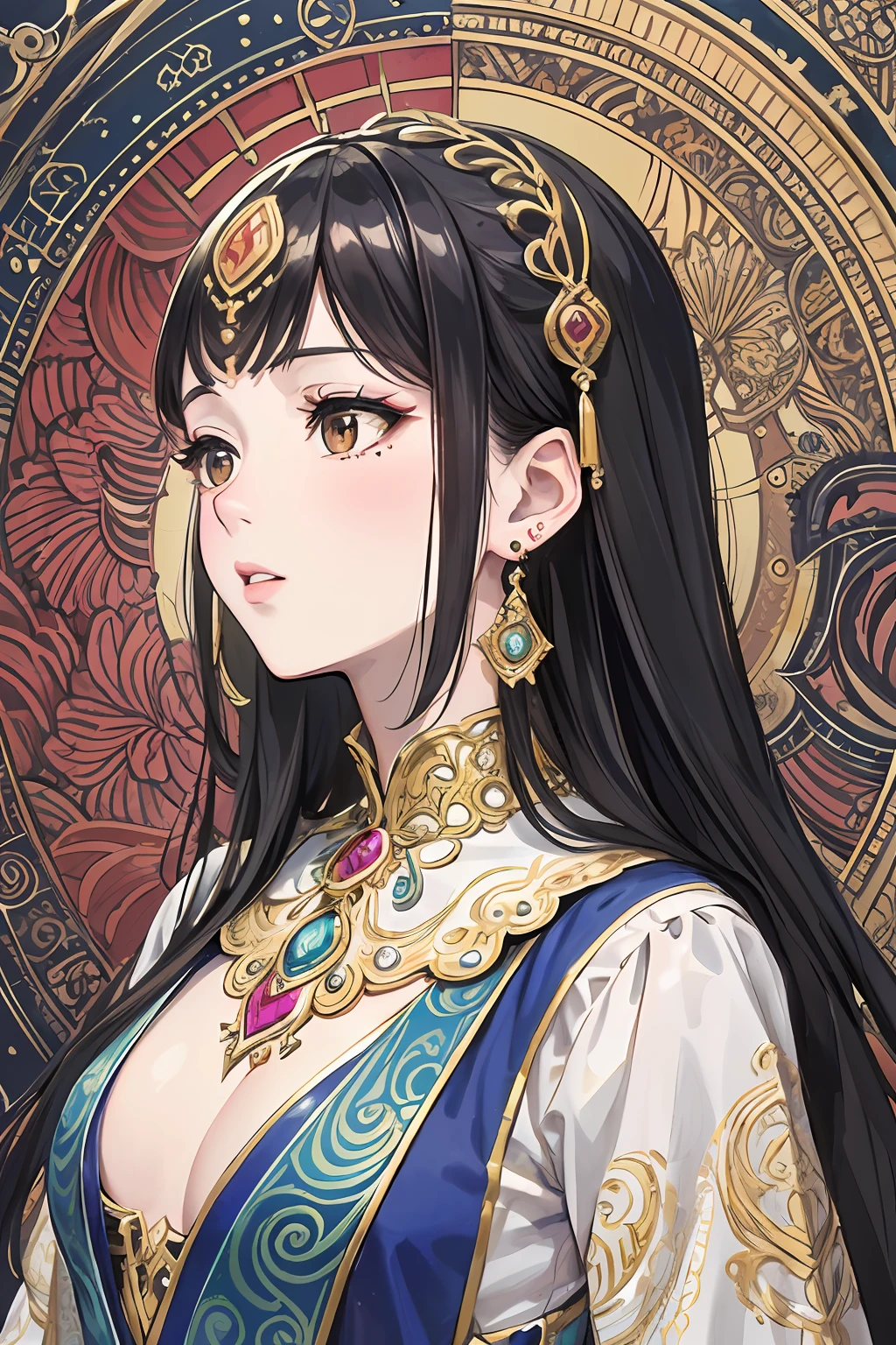 (Masterpiece, Top Quality, Best Quality, Official Art, Beauty and Aesthetics: 1.2), (1girl: 1.3), Very Detailed, (Fractal Art: 1.1), (Color: 1.1), Most Detailed, (Zentangle: 1.2), (Shiny Skin), (Earrings: 1.4), Simple Background, Head Close-up, Conservative Clothes, No Chest