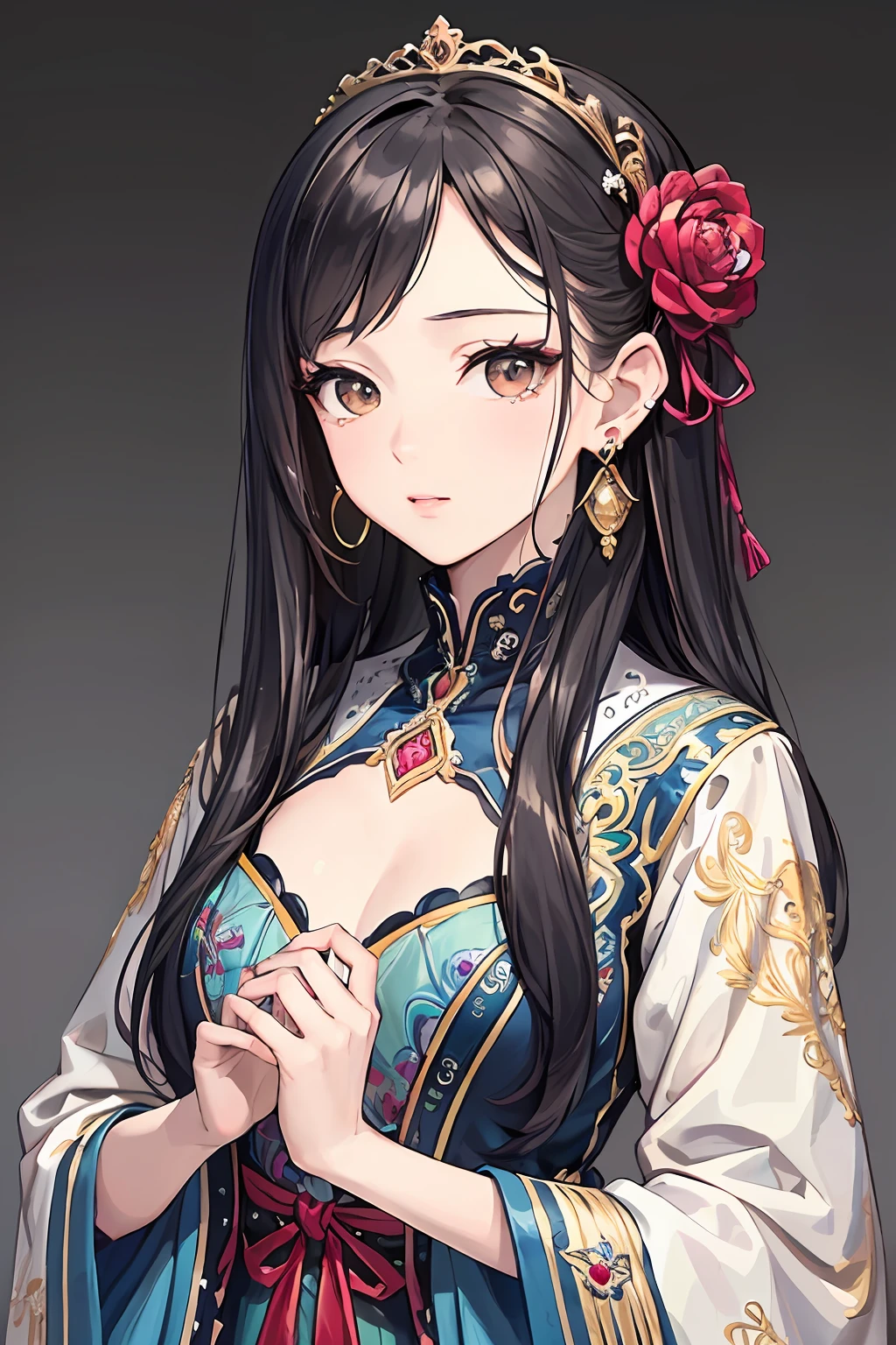 (Masterpiece, Top Quality, Best Quality, Official Art, Beauty and Aesthetics: 1.2), (1girl: 1.3), Very Detailed, (Fractal Art: 1.1), (Color: 1.1), Most Detailed, (Zentangle: 1.2), (Shiny Skin), (Earrings: 1.4), Simple Background, Head Close-up, Conservative Clothes, No Chest