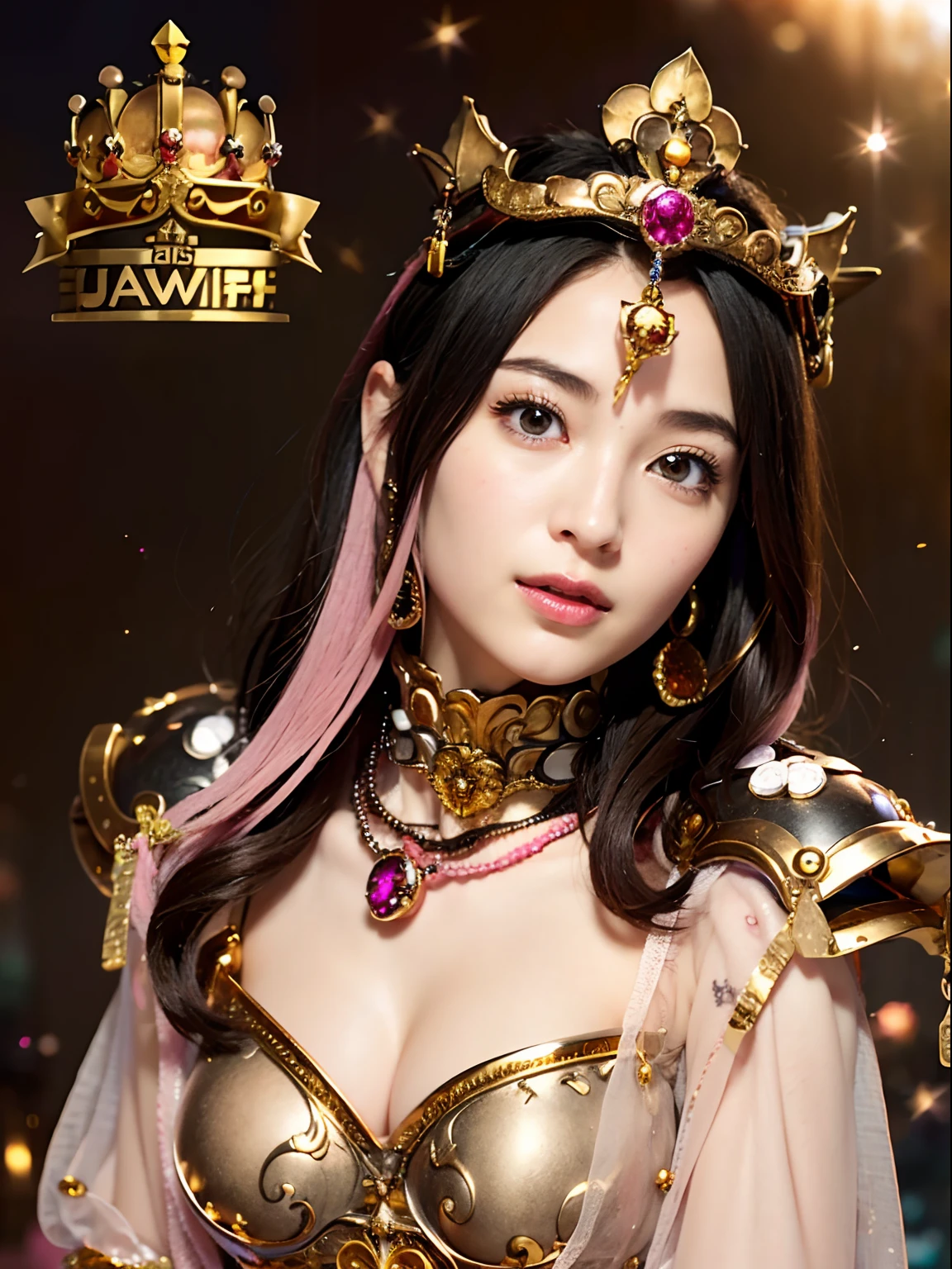 (masutepiece), Professional , masterpiece、top-quality、photos realistic , depth of fields (Gemstone Silver Metal Body:1.9),(Matte Pink、Jewel Gold Weapon(Jewel Metal Body:1.4),Gorgeous metal weapons、(Gorgeous Brave Armor) , Detailed Sword of the Brave , Beautiful knife ,warhammer 40k , adepta sororitas,Detail and ornate jewel crown、Black hair、Gangle's forest background、Beautiful Caucasian beauty、1a person、dynamic ungle,(((Detailed and ornate diamond crown)))、Smaller face、A smile、Take a sexy pose、Background inside the castle、Thin and beautiful female hands、