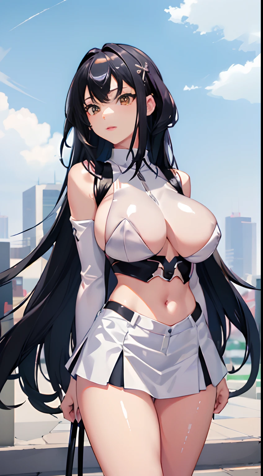 1girll, 独奏, White polo shirt, White sneakers, tennis wear, white mini-skirt, tmasterpiece, Best quality at best, realisticlying, ultra - detailed, (shiny skins, perspired:1.4), absurderes, looking at viewert, with short black hair, with brown eye,slenderness,Dynamic light and shadow,A high resolution,Sharp focus,depth of fields,The eyes are delicate,Sharp pupils,pupil realistic,(huge tit:1.4),A sagging breast,(Big breasts Thin waist:1.5),(straight thighs),exteriors,Skysky