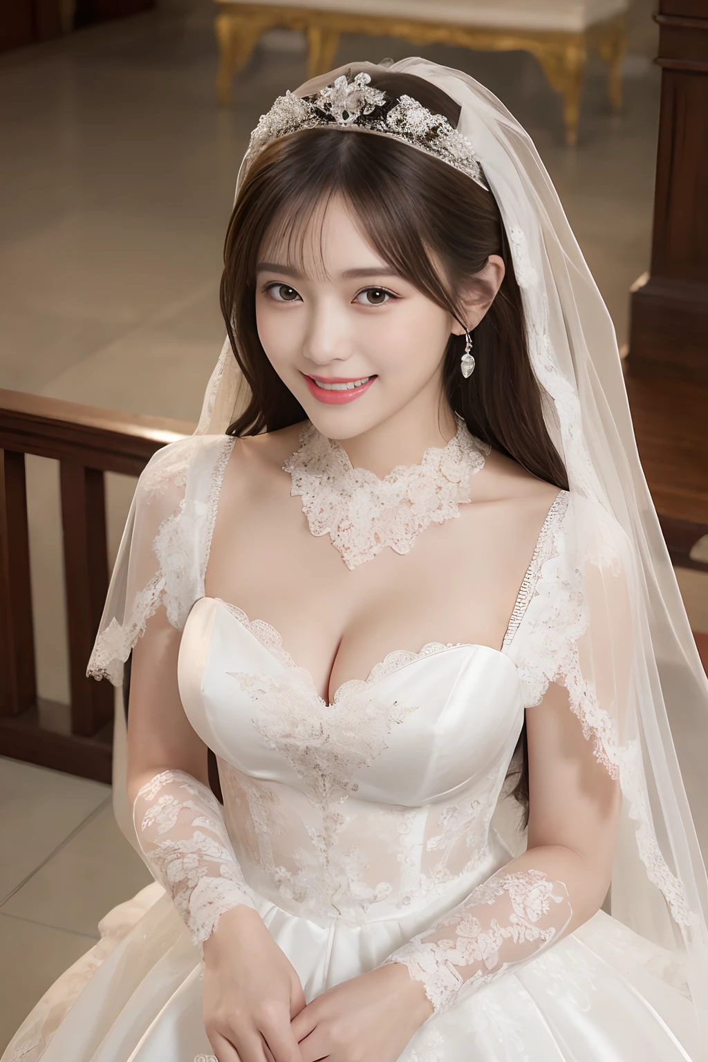 (best quality, masterpiece:1.2), (realistic:1.3), (ultra-detailed background, detailed background), bokeh, highly detailed eyes, double eyelid, ((medium breasts)), (fantabulistic taut cleavage), ((spread breast)), ((sexy obscene)), (large pretty areolae:1.2), frilled see-through dress, (lace-trimmed see-through white dress:1.4), bridal tiaras, gorgeous parchment see-through wedding dress, luxury see-through wedding dress, classic see-through wedding dress, show, bridal veil, bridal gauntlets, bridal cascading bouquet, upper body, wedding at church, from above, the skirt spreads round and wide, highly detailed eyes, double eyelid, (smiling adorable beauty:1.3), 1girl, cute, teenage, posing, smiling, dynamic angle, dynamic pose, ((no panties)), ((no bra)), short hair,