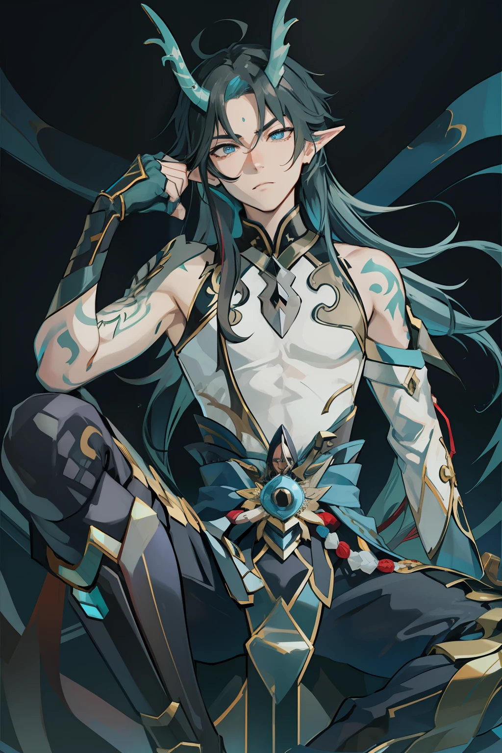 （absurderes，A high resolution，Hyper-detailing，hdr），Dragon's horn，younge boy，tmasterpiece，best qualtiy，1人，独奏，Handsome，Golden eyes，Fine eyes and detailed face，toppless，Tattooed with，arma，seated on a throne，pervert smirk，Abs，chest muscle，Raised sexy，Ruffian，Show your temperament，Male，masculine appeal，Male characteristics are distinct，Long messy hair，Arrogant self-confidence，Sitting majestically on the throne，Legs crossed，white pantie，supreme，Close your eyes and think，Lazy，（dozing）
