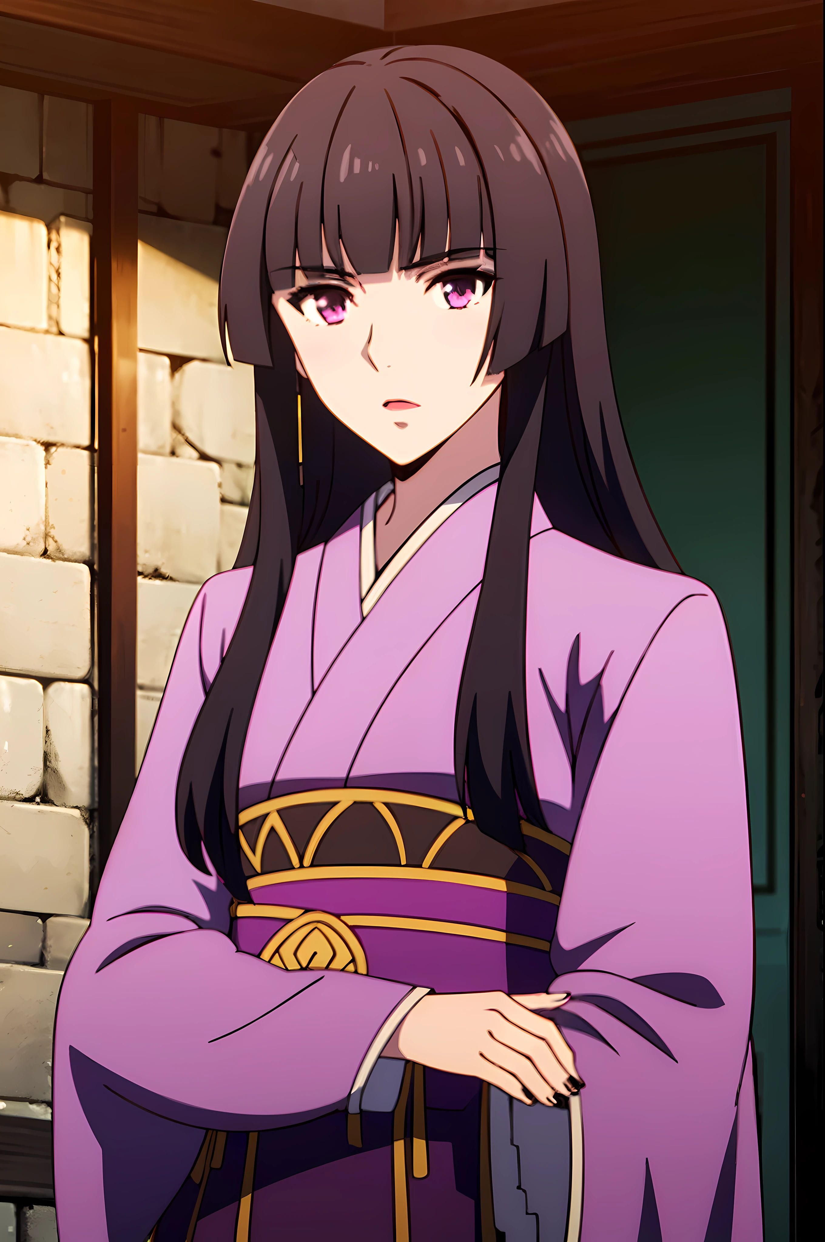 glass, 1girl, solo, long hair, bangs, black hair, purple eyes, looking at viewer, upper body, blunt bangs, kimono, lipstick, hime cut, cowboy shot, ((masterpiece)), ((best quality)), ((high detailed illustration)), ((high detailed background)), ((realistic lighting))