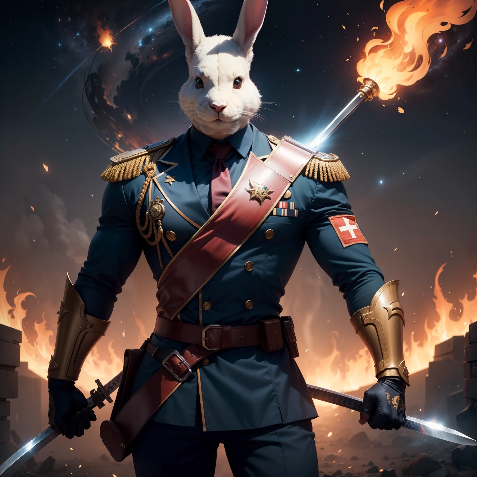 Man with rabbit head, utilizando um traje militar azul branco e vermelho, with FRA symbol on the chest of the costume, Flying over the galaxy with a flaming katana in his right hand, and wielding a shield in his left hand