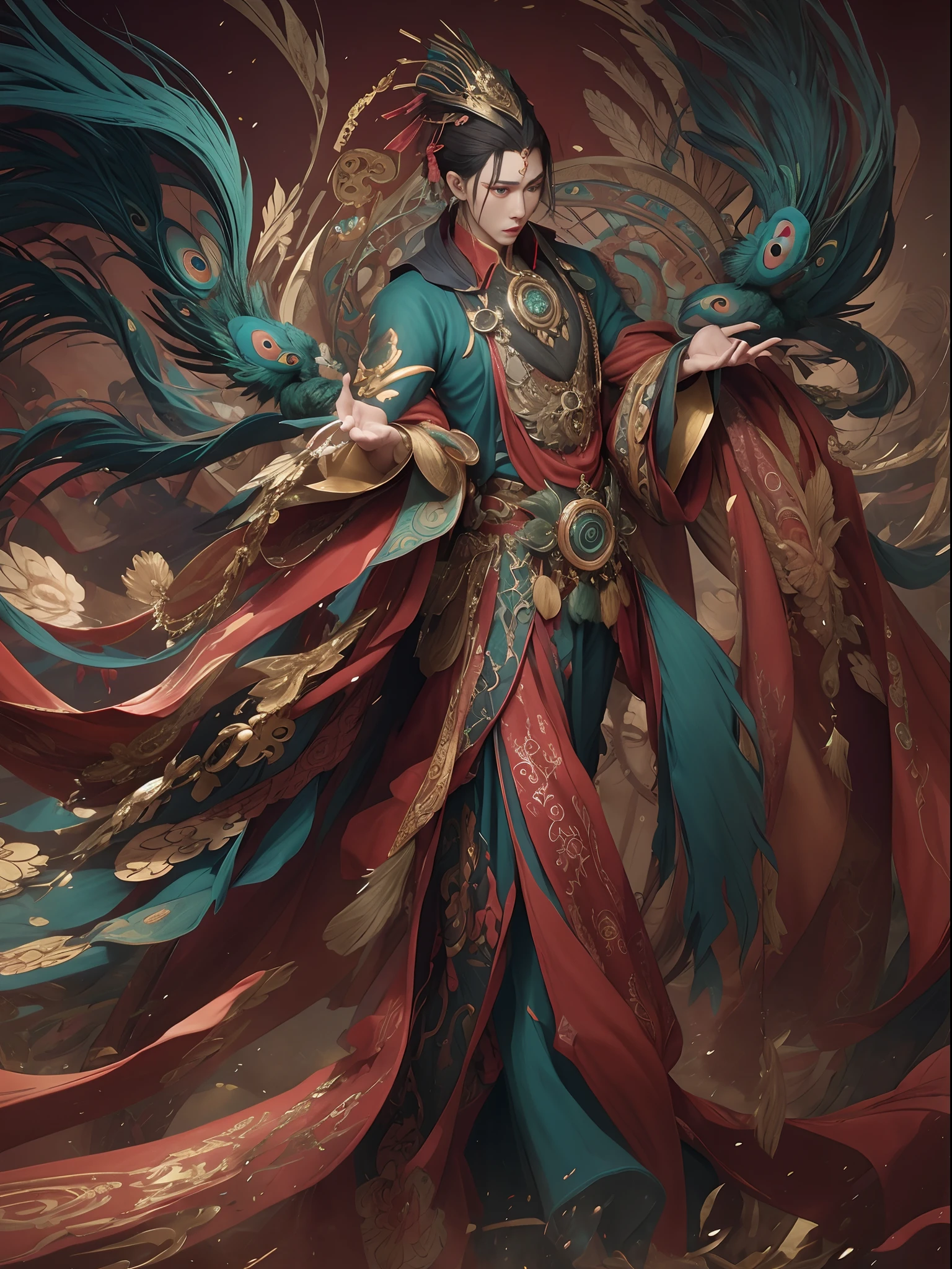 A man,Wu Yifan,shoun,Peacock clothes,opulent,Exposing the pectoral muscles,mythical character,Moire,floated hair
