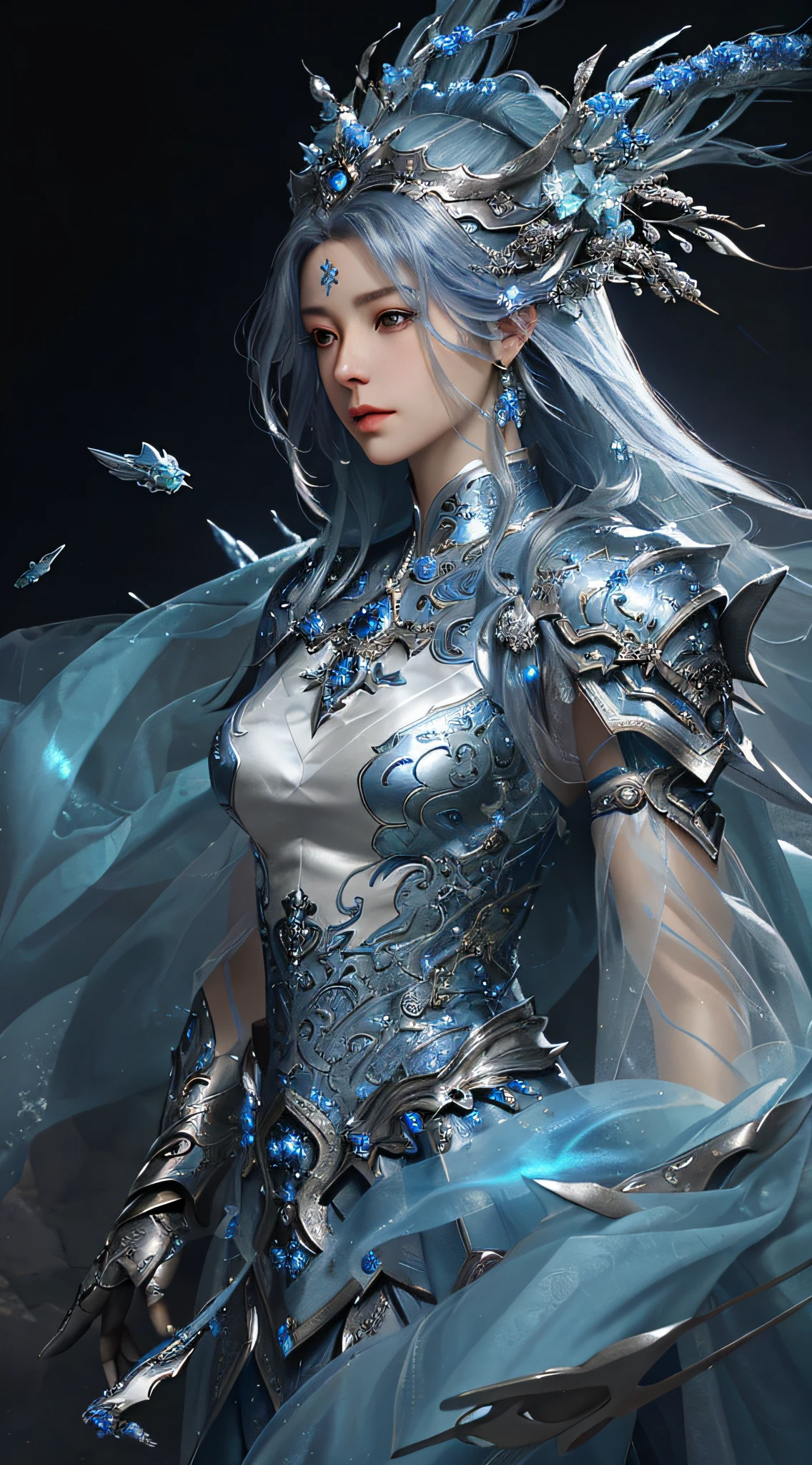a close up of a woman in a silver and blue dress, chengwei pan on artstation, by Yang J, detailed fantasy art, stunning character art, fanart best artstation, epic exquisite character art, beautiful armor, extremely detailed artgerm, detailed digital anime art, artgerm on artstation pixiv, armor girl