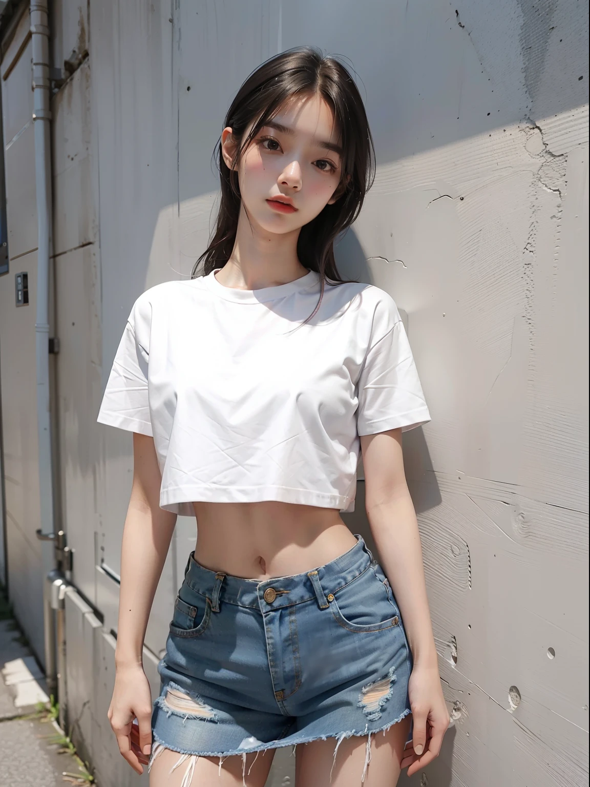 Best quality, full body portrait, delicate face, 18 year old girl, slim figure, small bust, white crop top T-shirt, waist pink denim skirt, gymnasium scene, standing tall