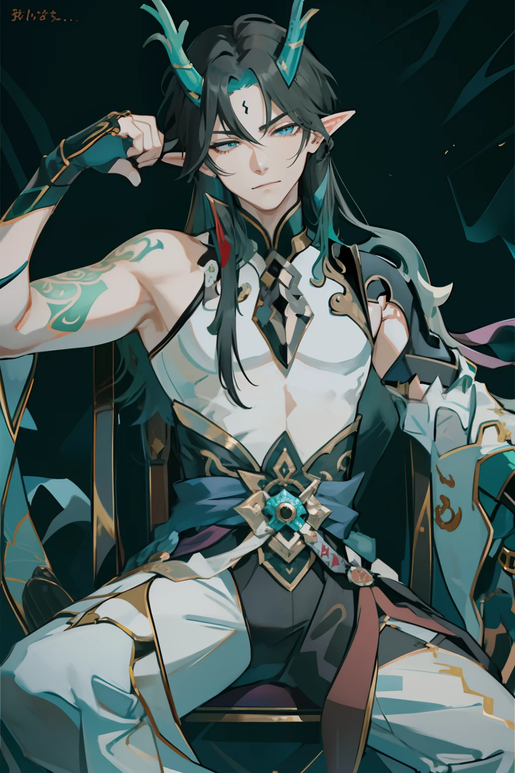 (absurderes,A high resolution,Hyper-detailing,hdr),Dragon's horn,younge boy,tmasterpiece,best qualtiy,1人,独奏,Handsome,Golden eyes,Fine eyes and detailed face,toppless,Tattooed with,arma,seated on a throne,pervert smirk,Abs,chest muscle,Raised sexy,Ruffian,Show your temperament,Male,masculine appeal,Male characteristics are distinct,Long messy hair,Arrogant self-confidence,Sitting majestically on the throne,Legs crossed,white pantie,supreme,Close your eyes and think,Lazy,(Sleep with your eyes closed)
