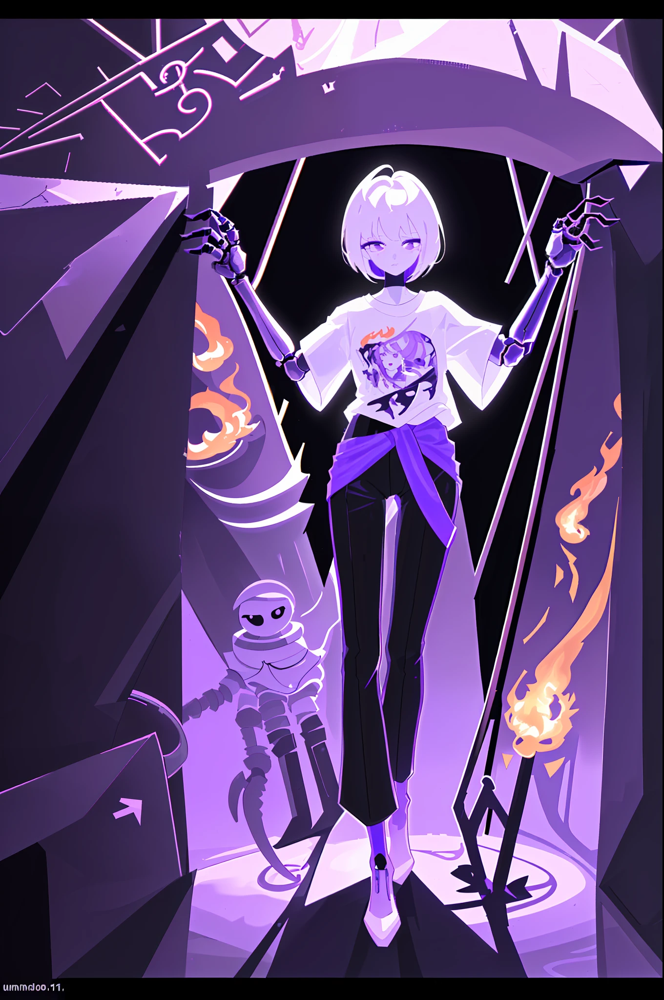 (Machine-made joints: 1.4) ((mechanical limbs)) (mechenical arms) malvada elegante rodeada de demonios, ilustrador, obra maestra, alta calidad, 8k, high resolusion, Alto detalle, pelo rosado, pants with ventilation at the waist, T-shirt with purple flame print, curvas, caderas anchas, camiseta color negra, estilo de sombreado difuminado, fondo de llamas, purple flames, Chica joven, proporciones perfectas, Gothic, (pelo extremadamente rosa), Science-Fiction, Perfect Anatomia, metallic body, hydraulic cylinders, Metal, Small LED lamps on the body, Metal, Robotic girl