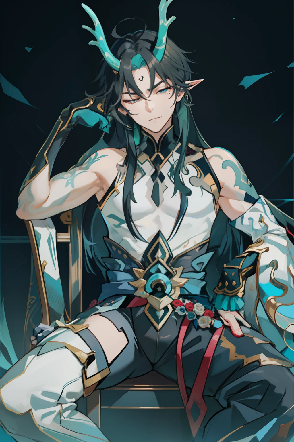 （absurderes，A high resolution，Hyper-detailing，hdr），Dragon's horn，younge boy，tmasterpiece，best qualtiy，1人，独奏，Handsome，Golden eyes，Fine eyes and detailed face，toppless，Tattooed with，arma，seated on a throne，pervert smirk，Abs，chest muscle，Raised sexy，Ruffian，Show your temperament，Male，masculine appeal，Male characteristics are distinct，Long messy hair，Arrogant self-confidence，Sitting majestically on the throne，Legs crossed，white pantie，supreme，Close your eyes and think，Lazy，（Sleep with your eyes closed）