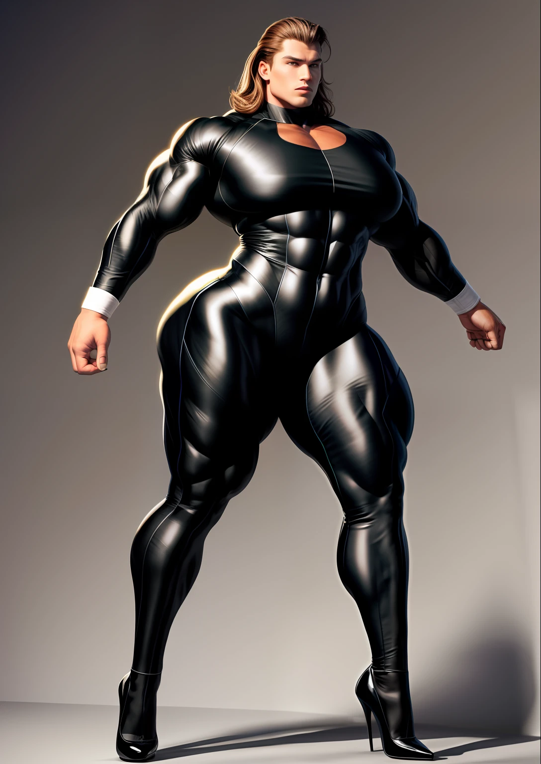 tmasterpiece,(Full body like:1.1),Burly woman,Exaggerated large muscles,Beautiful and charming woman face,walking pose,black lence stockings,tightsuit,high-heels,1female,Thin waist,Very broad shoulders,Huge latissimus dorsi, Oversized muscles,Strong and powerful arms,Stout arms,Thick and powerful leg muscles,Very thick calf muscles,Wide calves,long leges,