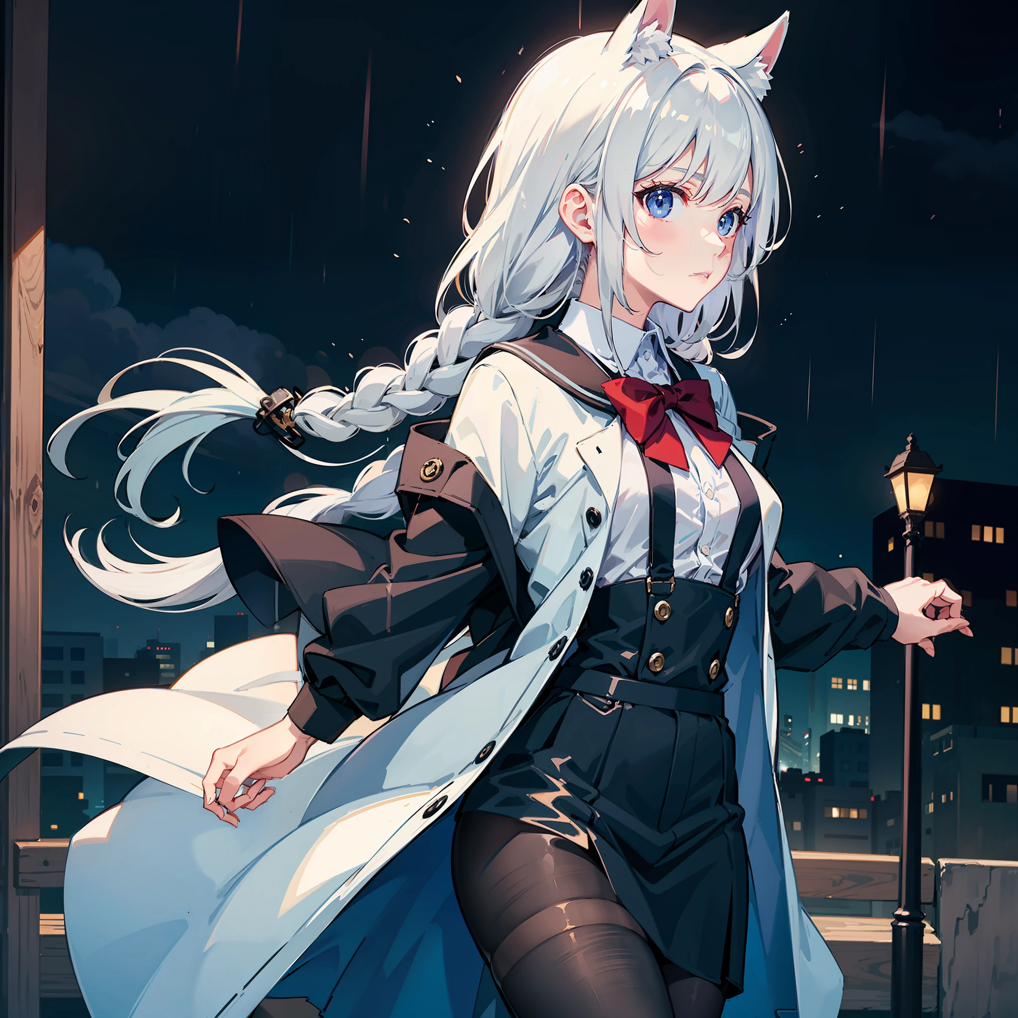 Masterpiece, Best quality, High quality, 1girll,Solo, Male focus, view the viewer, White horse ears,White single ponytail with a long braid,JK school uniform,Absolute realm,facing to audience,medium boob,conservativelydressed,The upper part of the body,From the side Side,Black silk suspenders,Casual style,Rainy streets,umbrellas,raincoat
