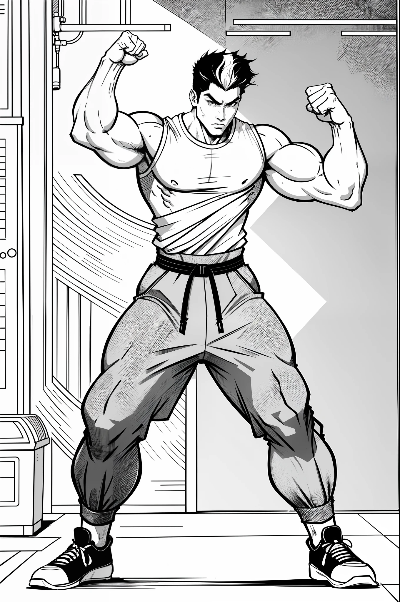 Picture book design， Bodybuilding man in T-shirt and pants ，(((The right hair covers the right eye)))，Handsome，20 years old，street of hong kong，kung fu pose，Line art,monochrome,Highest contrast ，No grayscale