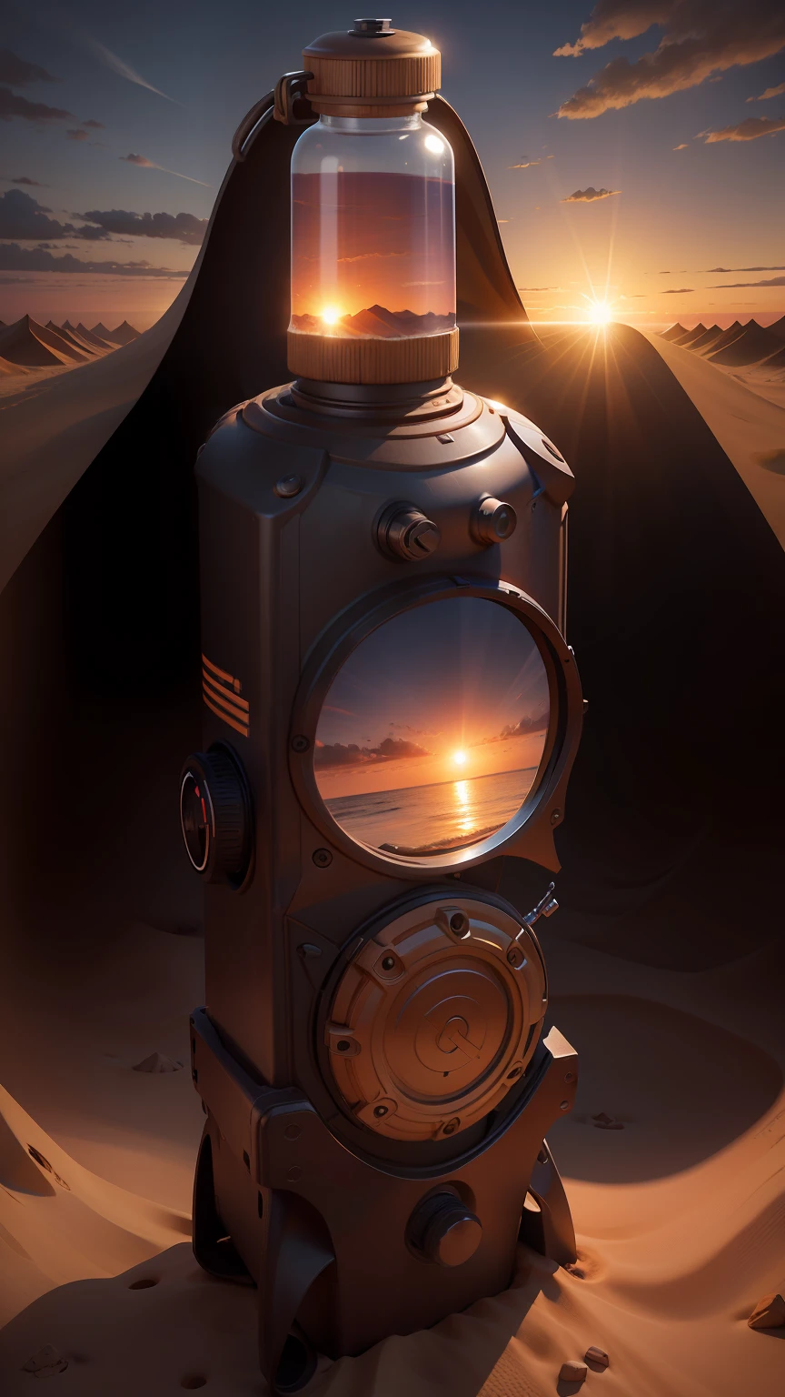 Chang this botall background to a dune,sunset, professional product photography