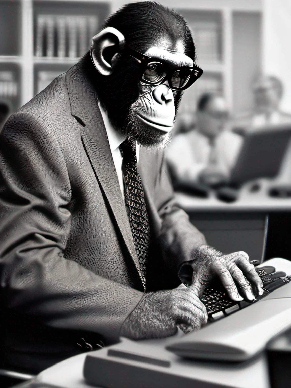 chimp，Not human，dressed in a suit，With a tie，Wearing glasses，Sit in front of a computer and type，Keep your eyes on the computer screen，The background is a crowded office，Side lens，Rich in detail