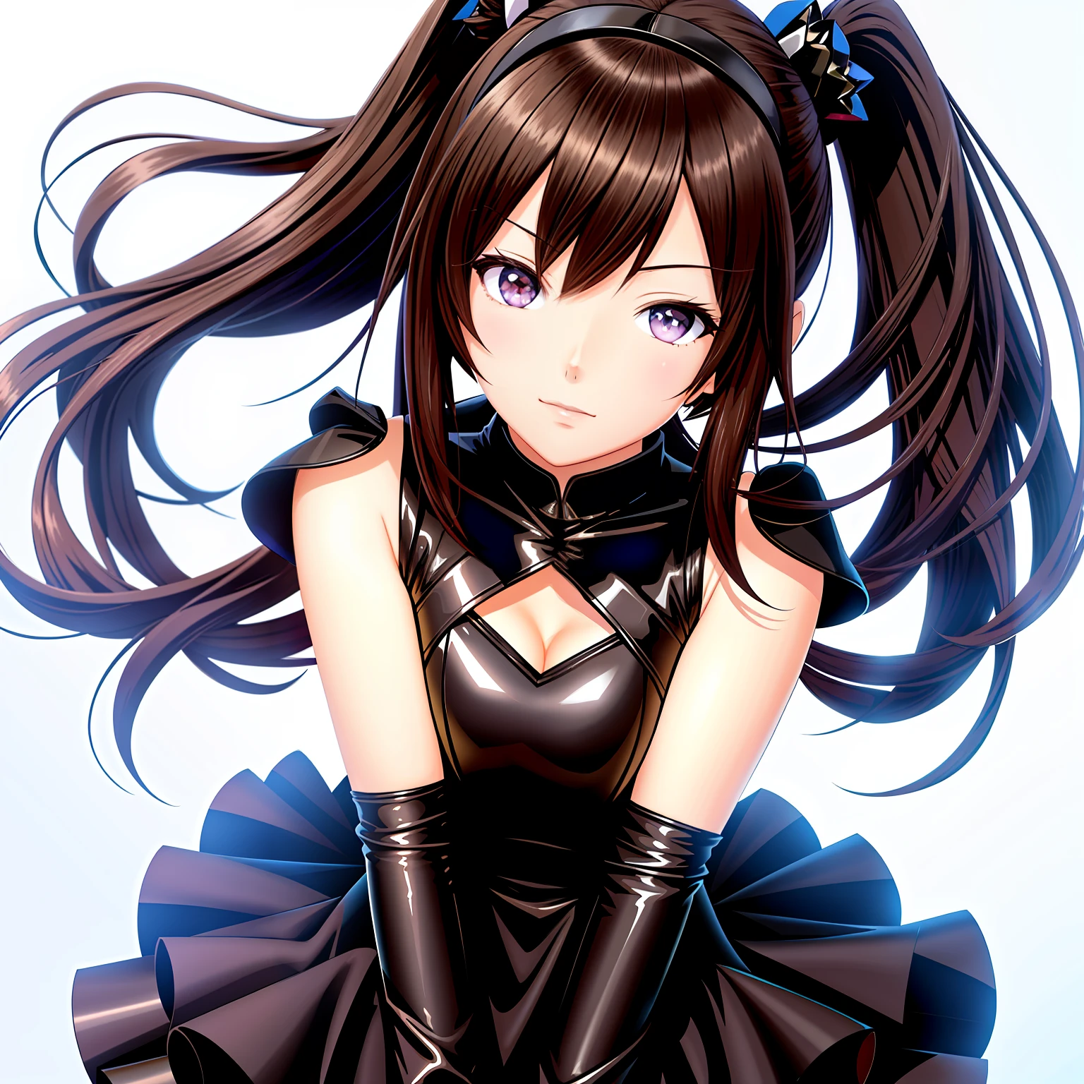 anime big breast:Brunette girl wears gloves,Moe art style,She wore a black dress,Show cute anime characters,Admire at Pisif Art Station in Guvez and ArtStation in Pixiv,Presents a smooth anime CG art style,The author is Hosomura Kane,Guviz,With a crazy expression in the gothic style。