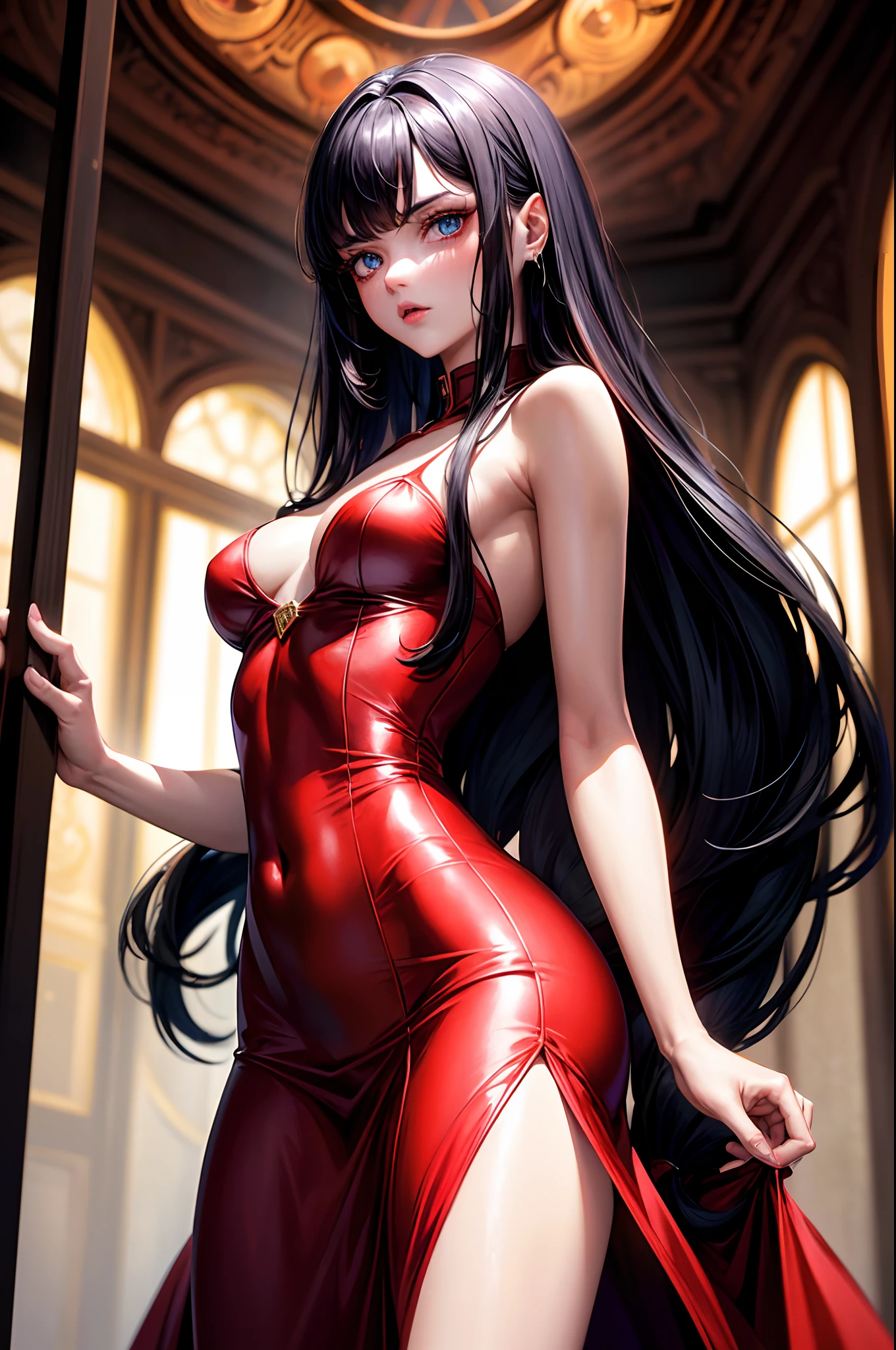 (absurdres, highres, ultra detailed), masterpiece, best quality, a beautiful 20 years old woman in red dress outfit, solo, , long hair, black hair, blue eye, glowing eye, athletic, slim body, small breasts, glow effect, , finely eye, detailed face, complex background, from below, looking at viewer, rim lighting