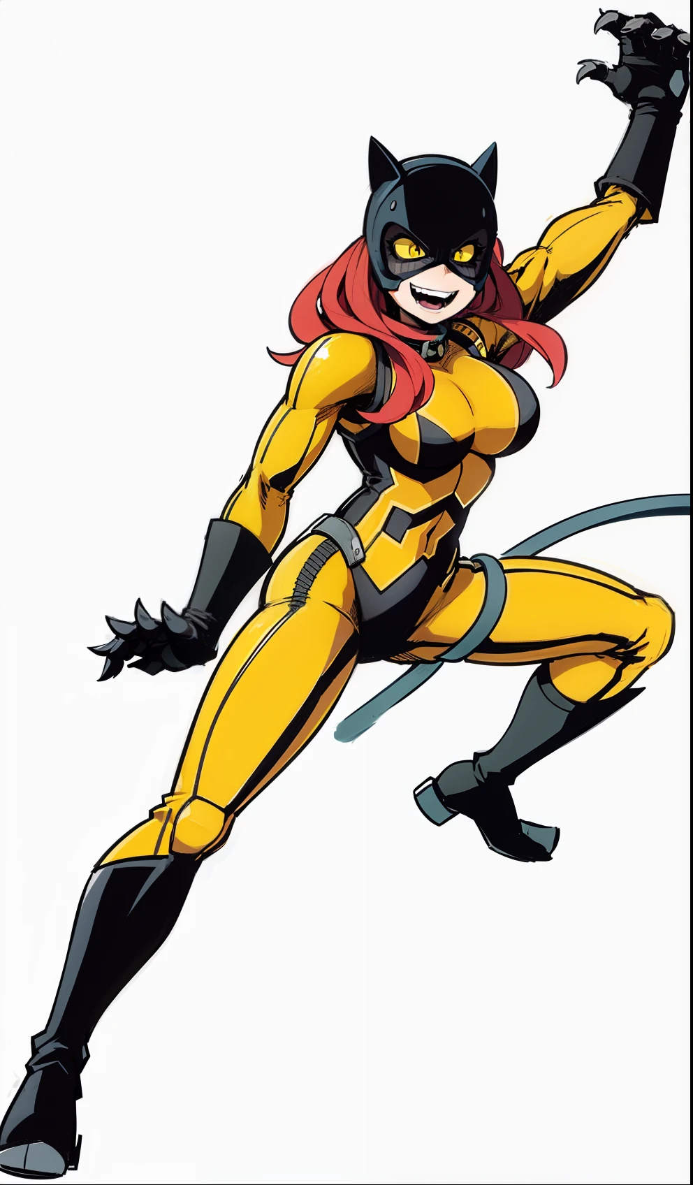 My Hero Academia Style, Anime Girl, Female, Trending on ArtStation Pixiv, (Full Body Shot:0.5), wide hips, Large breast, wide thighs, Perfect Anatomy, Super Detailed, Hero Costume, Full Body Suit, Head Covering, Helmet, Face Covering, Mask, Cat mask, black cat helmet, claws on hands, black cat paws, black cat tail,
