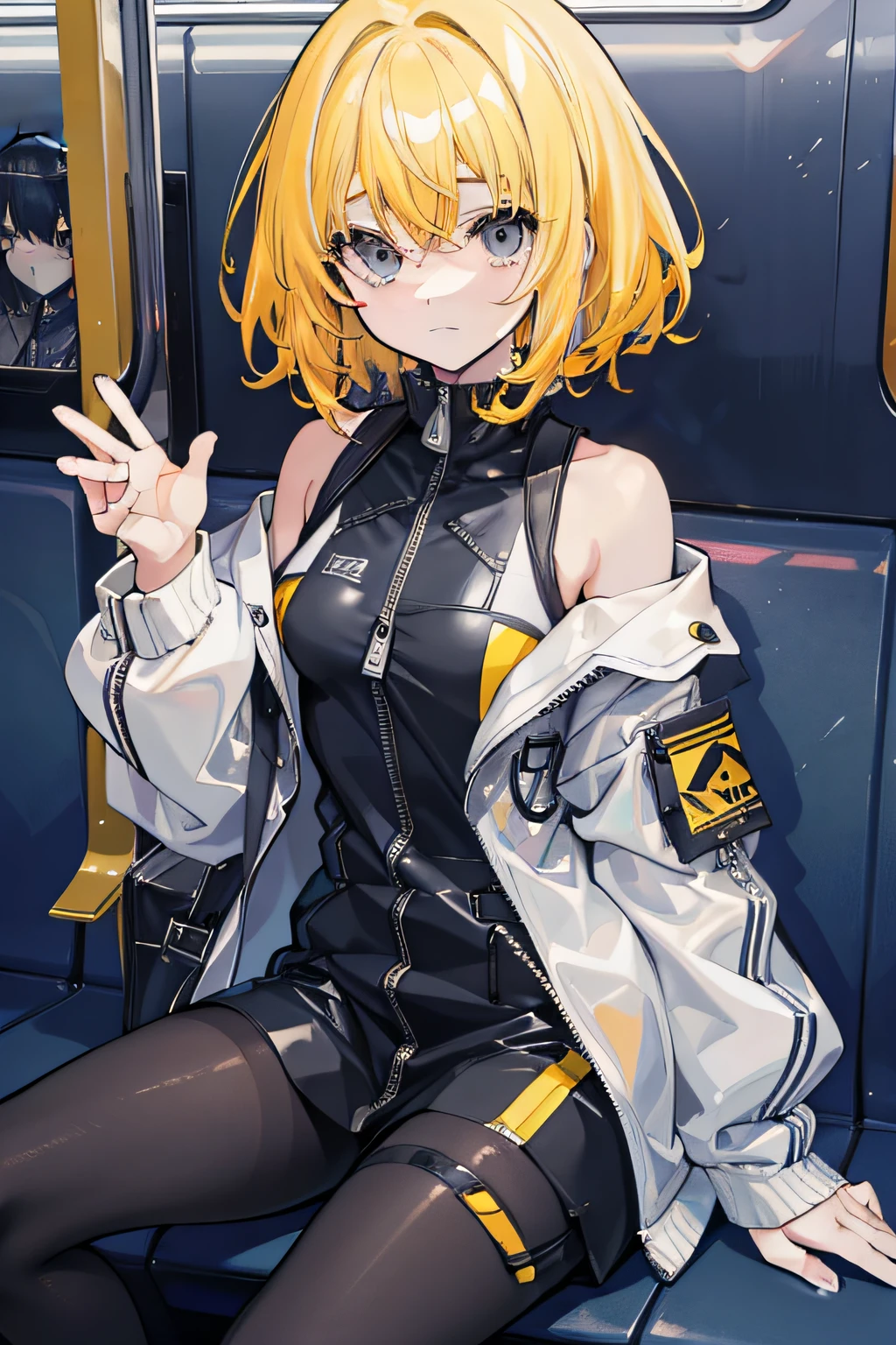 A beautiful girl, anime style girl, yellow hair, curly hair, short hair, shoulder-length hair, silver eyes, zip up, black zip up jacket, a zipped jacket, on the train, on the seat, expressionless, big bag, traveling bag, dark, 8k, super detail, masterpiece, high quality, high resolution, high detail, high face detail, happiness, HD quality
