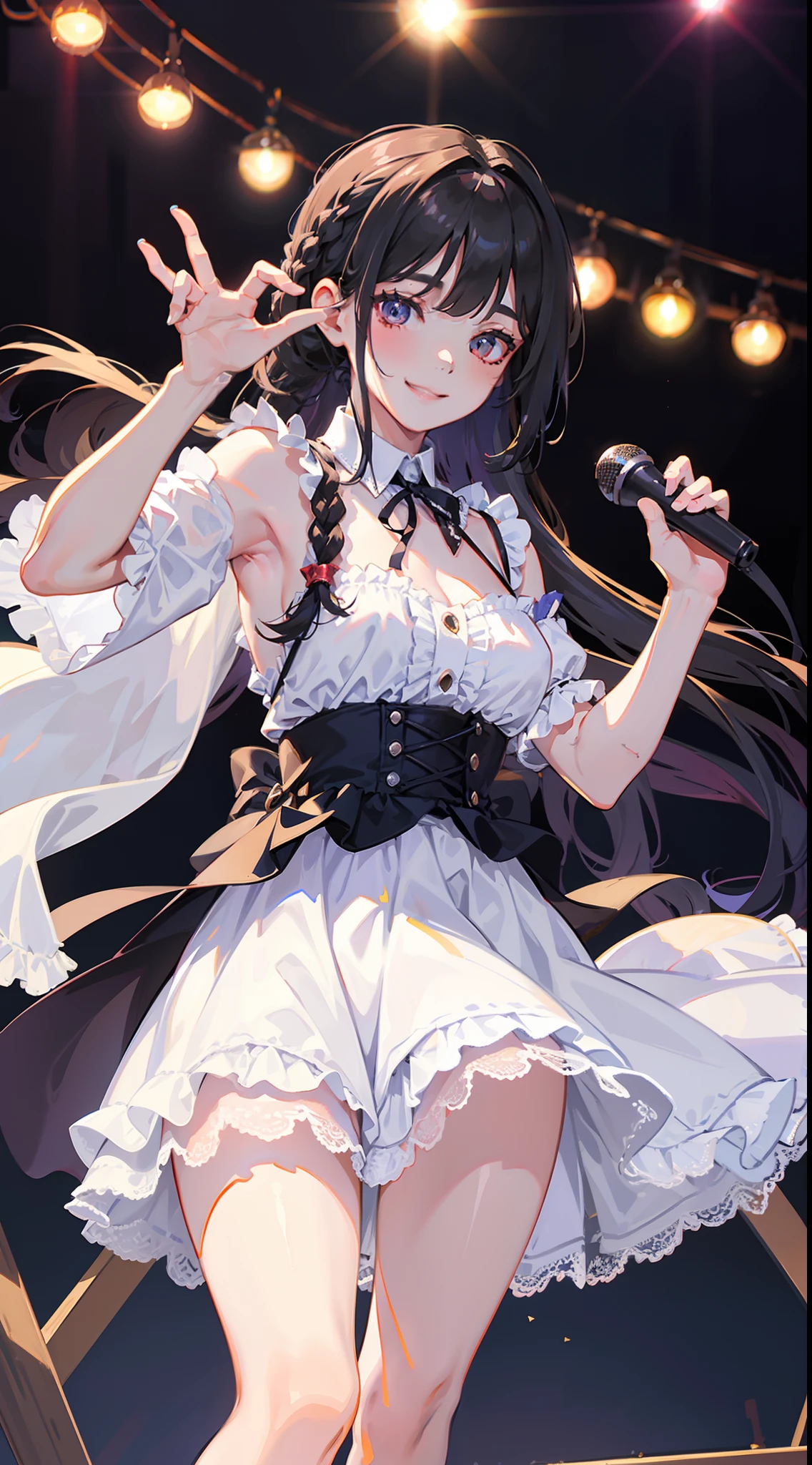 Smiling face,Dazzling stage lights,Fringes and lace,Braided hairstyle,Lace socks,Ruffled skirts,Pretty face,Long straight hair,Slender figure,Hold the microphone