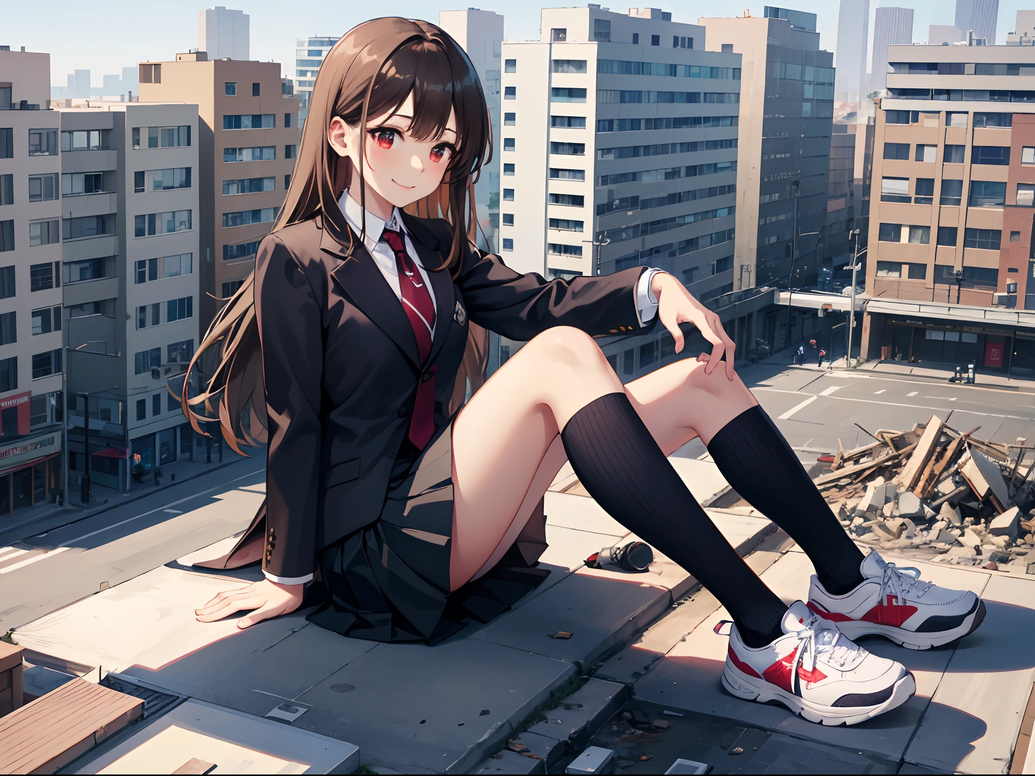 Alloy rabbit, masterpiece, 1girl, Bigger than the building, Brown hair, Red eyes, bangs, suit, black necktie, Black pleated skirt, Black socks, Sneakers, school uniform, Smile, Naughty, Anatomically correct, Textured skin, GTSCity, Destroyed buildings, City model, anime style, cute,