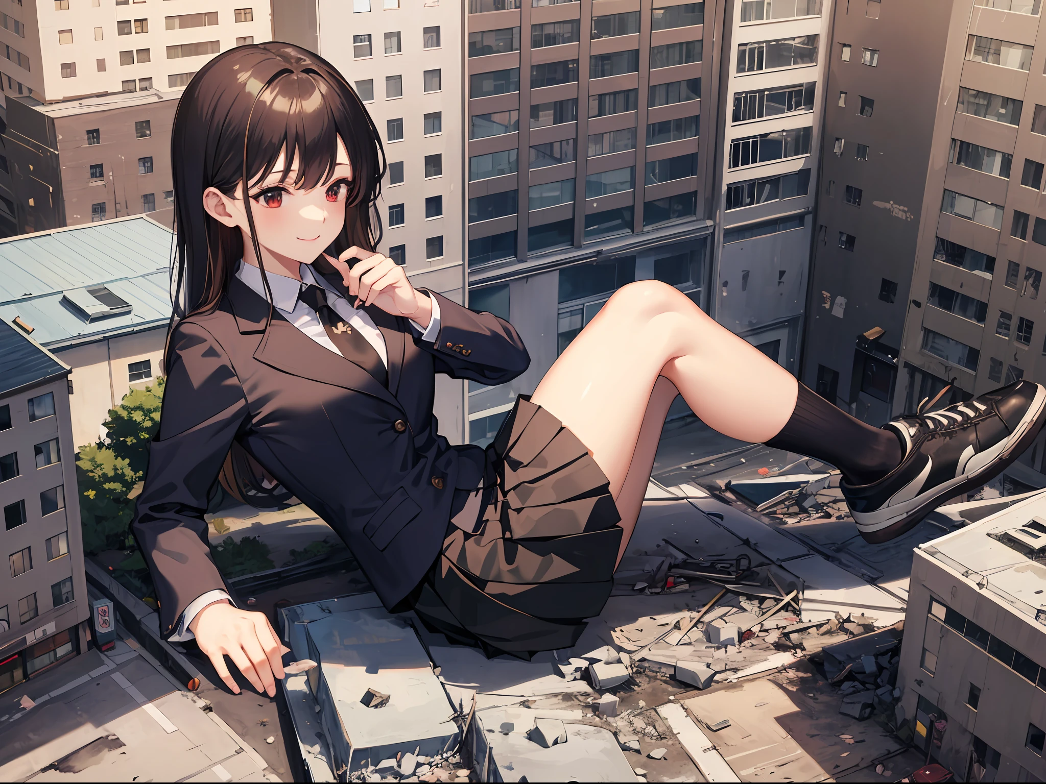 Alloy rabbit, masterpiece, 1girl, Bigger than the building, Brown hair, Red eyes, bangs, suit, black necktie, Black pleated skirt, Black socks, Sneakers, school uniform, Smile, Naughty, Anatomically correct, Textured skin, GTSCity, Destroyed buildings, City model, anime style, cute,