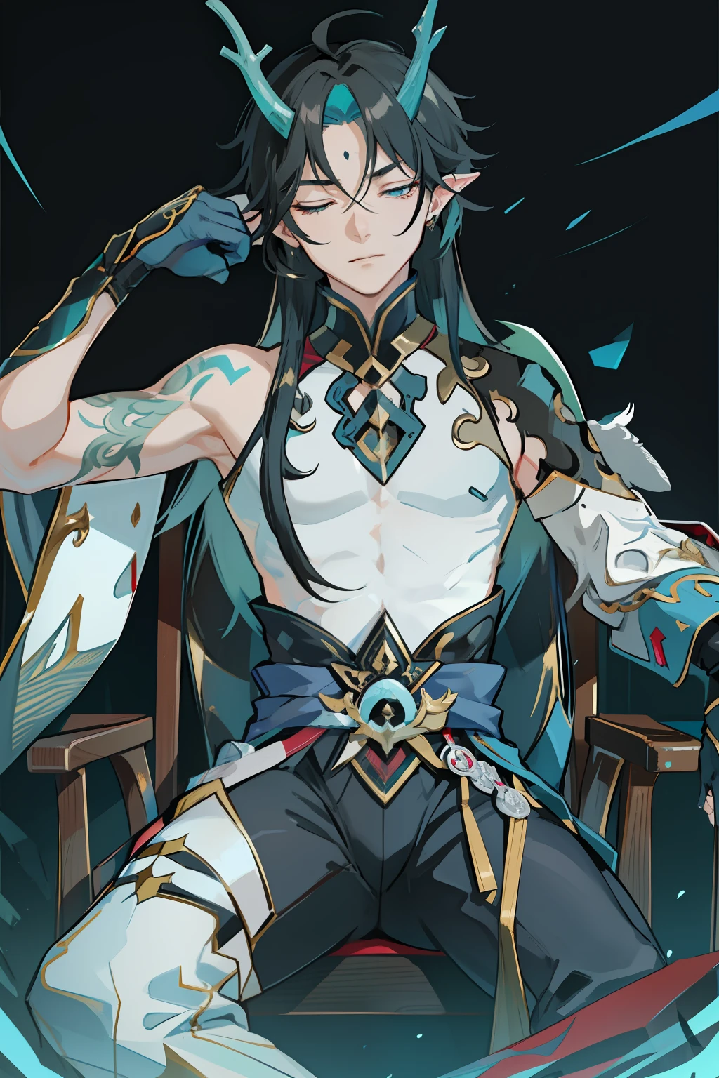(absurderes,A high resolution,Hyper-detailing,hdr),Dragon's horn,younge boy,tmasterpiece,best qualtiy,1人,独奏,Handsome,Golden eyes,Fine eyes and detailed face,toppless,Tattooed with,arma,seated on a throne,pervert smirk,Abs,chest muscle,Raised sexy,Ruffian,Show your temperament,Male,masculine appeal,Male characteristics are distinct,Long messy hair,Arrogant self-confidence,Sitting majestically on the throne,Legs crossed,white pantie,supreme,Close your eyes and think,Lazy,(sleeping with closed eyes)(Too sleepy to open my eyes,Eyes ajar)