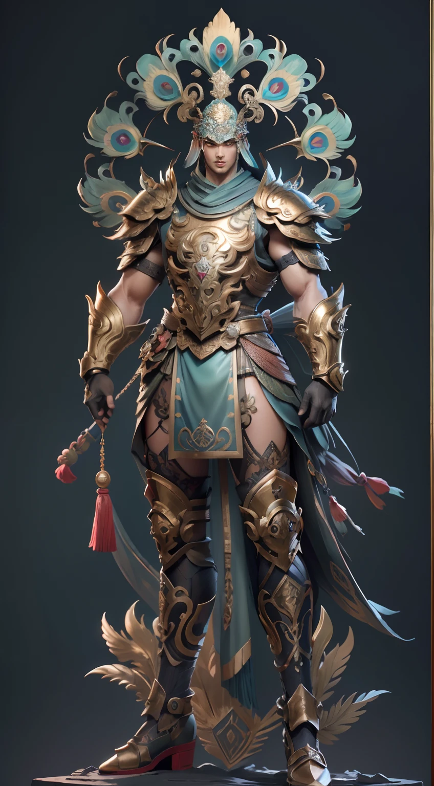 Sculpture design,Figures,GK model,The whole body of the character,Peacock decoration,The character fuses with the peacock,Expose muscles,(Exquisite base),Wu Yifan,Handsome cybernetic boy looking at camera lingerie detailed muscular reality masterpiece,musculous