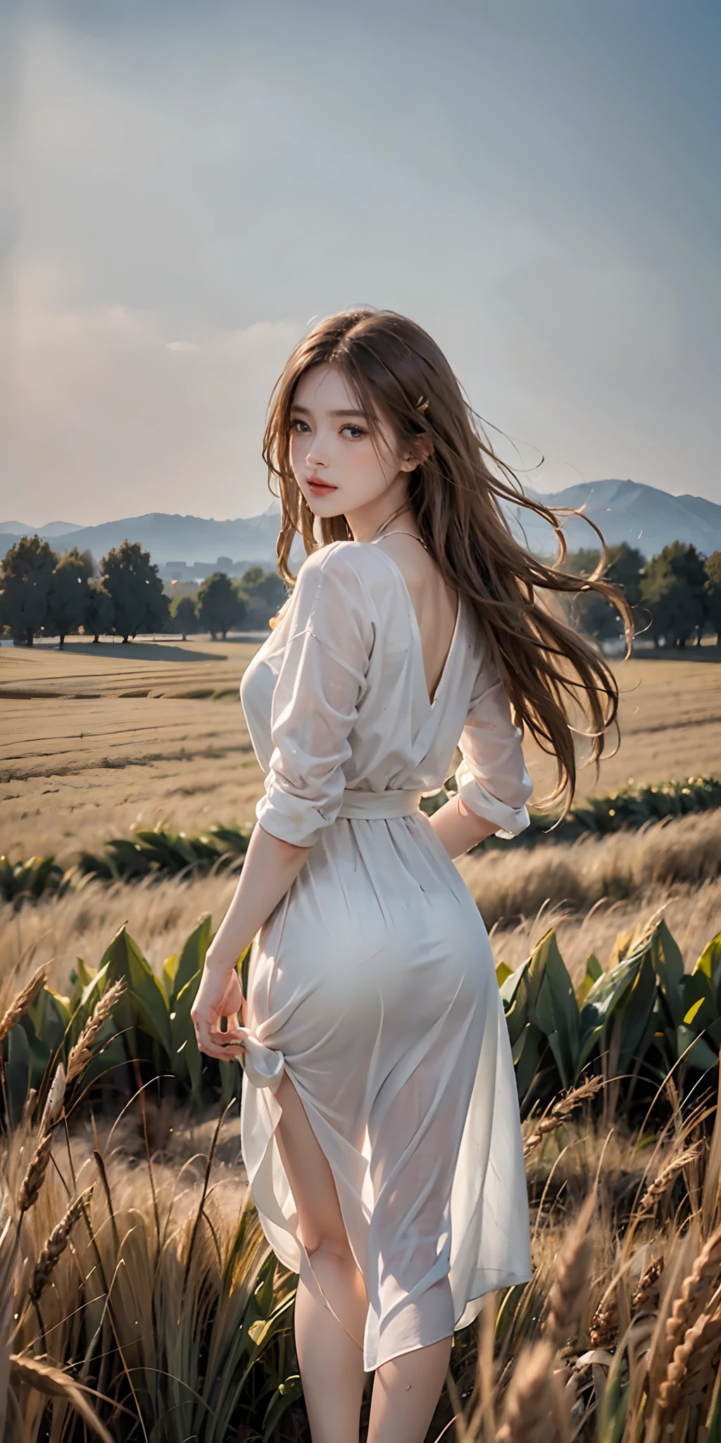 full body, portrait of cute blond girl, standing on a wheat field (((looking away))), bloom, orange fog, motion, wispy hair, realism, high-quality rendering, stunning art, high quality, film grain, Fujifilm XT3, dreamy, acne, freckled, blemish, colorful dress