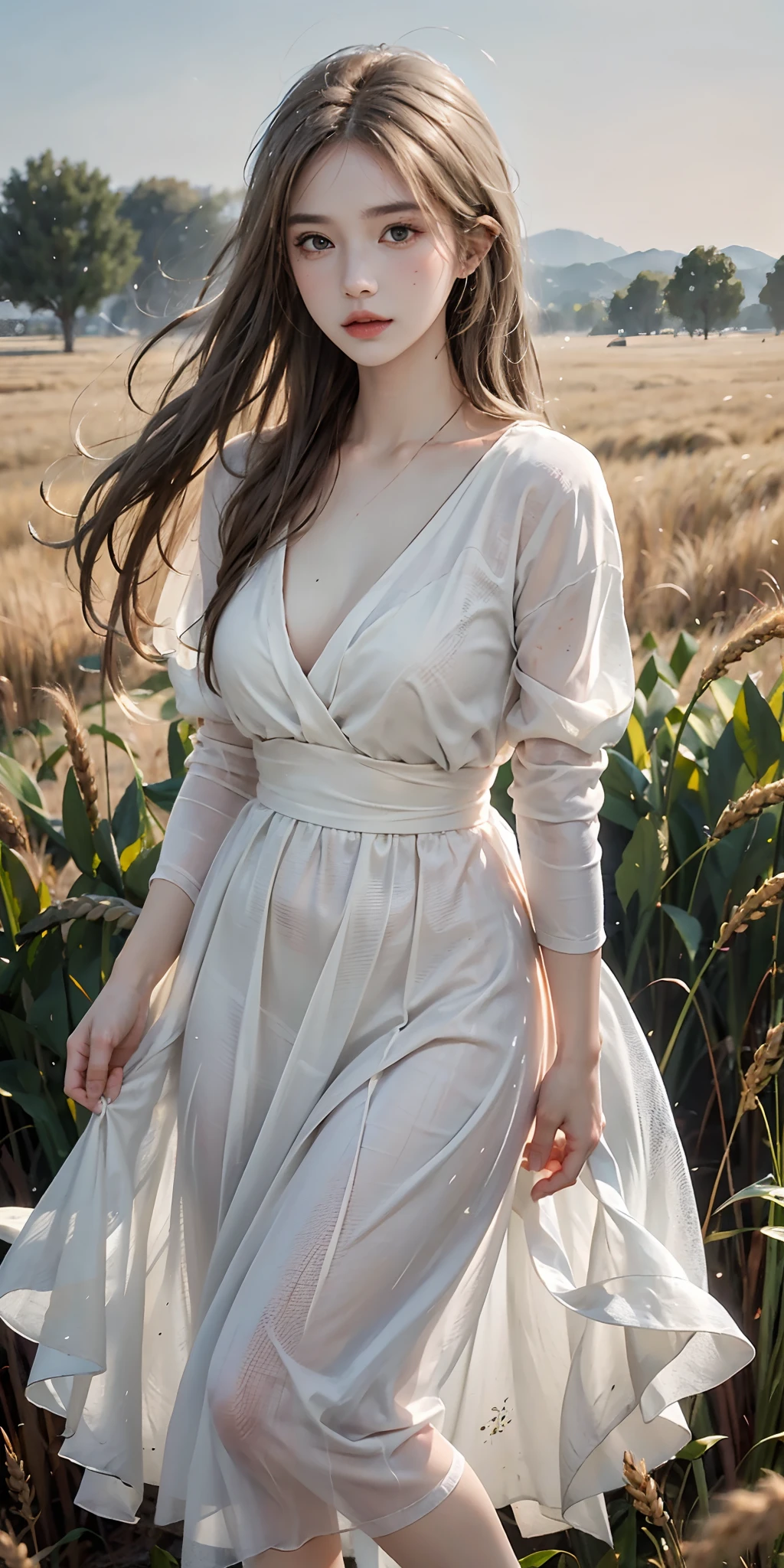 full body, portrait of cute blond girl, standing on a wheat field (((looking away))), bloom, orange fog, motion, wispy hair, realism, high-quality rendering, stunning art, high quality, film grain, Fujifilm XT3, dreamy, acne, freckled, blemish, colorful dress