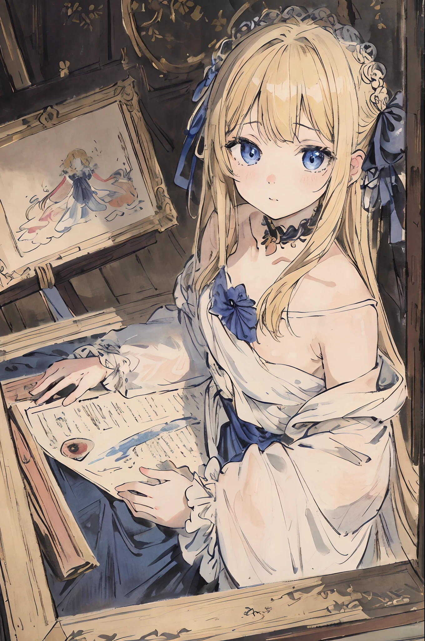 masterpiece, best quality, an extremely delicate and beautiful girl, Gothic loli, world masterpiece theater, ultra-detailed, highly detailed, best quality, blonde hair, highres, extremely detailed,1girl, best quality, illustration, looking at viewer, impasto, canvas, oil painting, realistic, realist ,real, sapphire eyes, A Duchess, The body is full and mature but the facial expression is a bit childish and cute