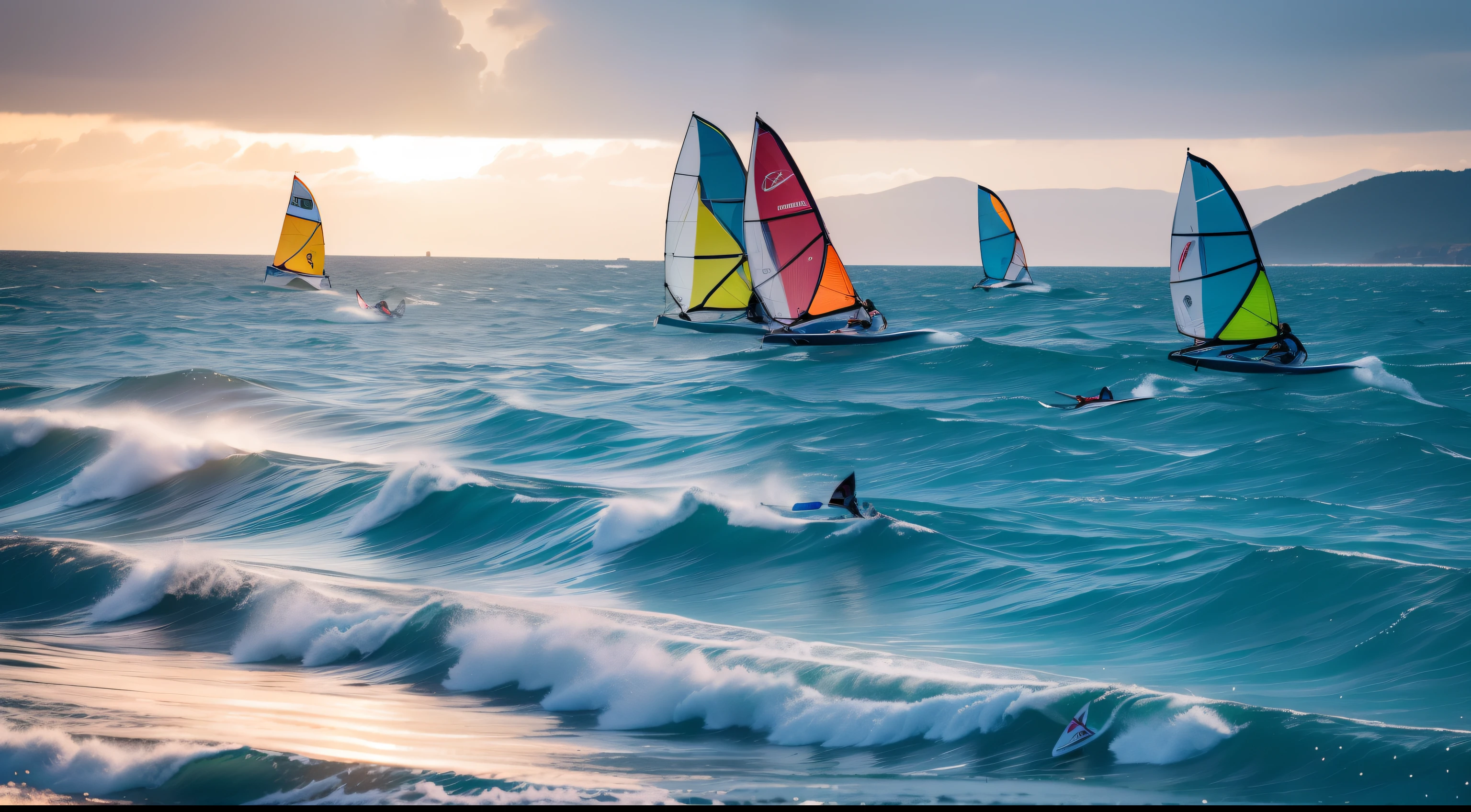A row of windsurfers racing at sea, The light is gentle, The sea is rippling with microwaves, The afterglow of the morning sun fell on them, splash of water, Fast chase, The colours of the windsurfing boards are bright and eye-catching, The sails are swollen, Instantly cut through the turquoise sea。