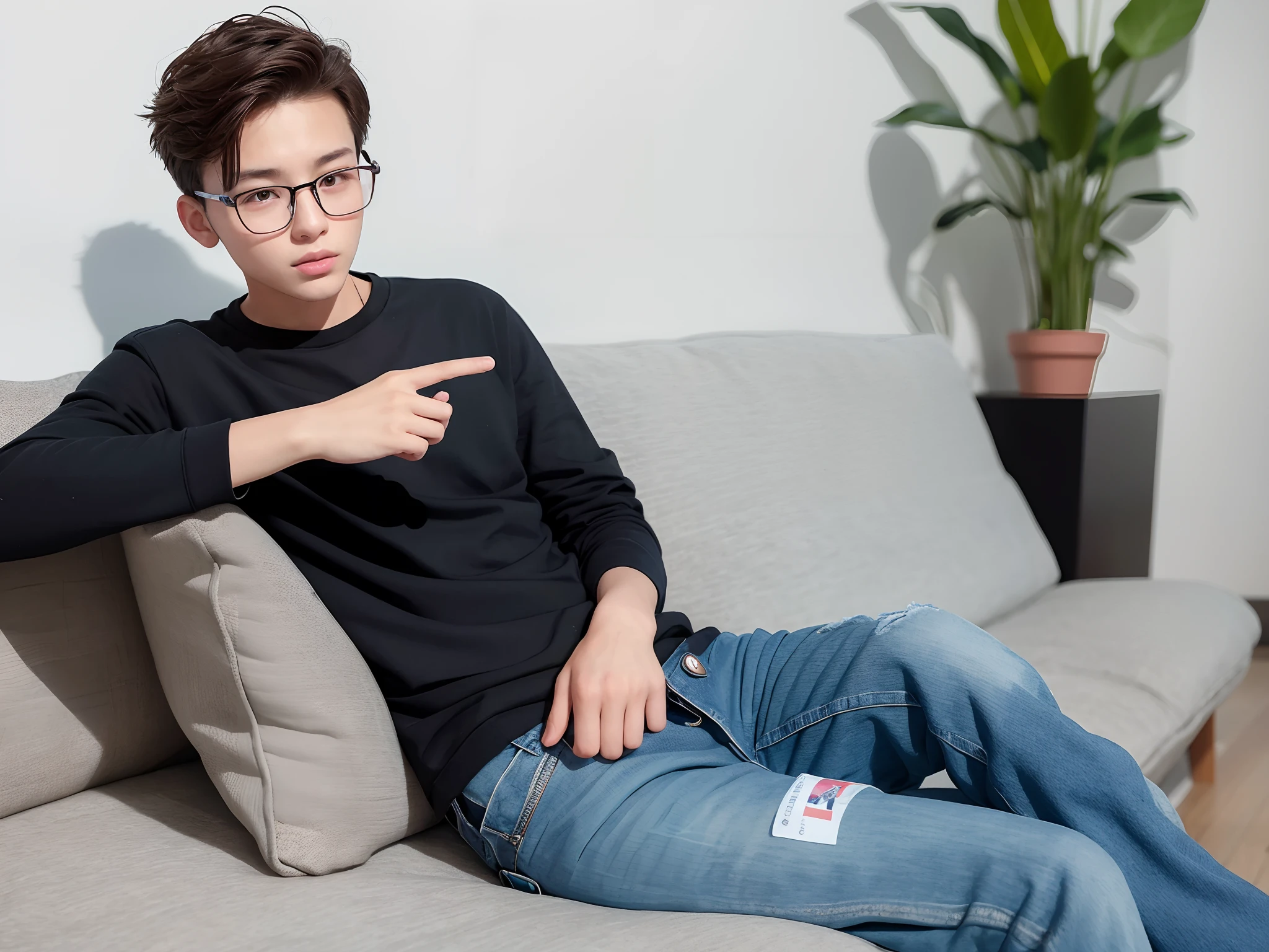 Handsome 14-year-old young man leaning on a comfortable sofa,Wearing fashion glasses,Look at the screen。