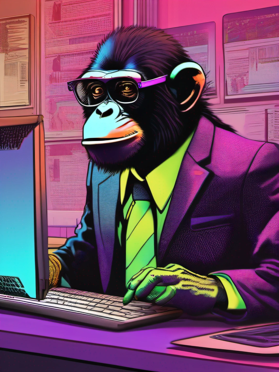 chimp,Not human,dressed in a suit,With a tie,Wearing glasses,Sit in front of a computer and type,Keep your eyes on the computer screen,The background is a crowded office,Side lens,Rich in detail