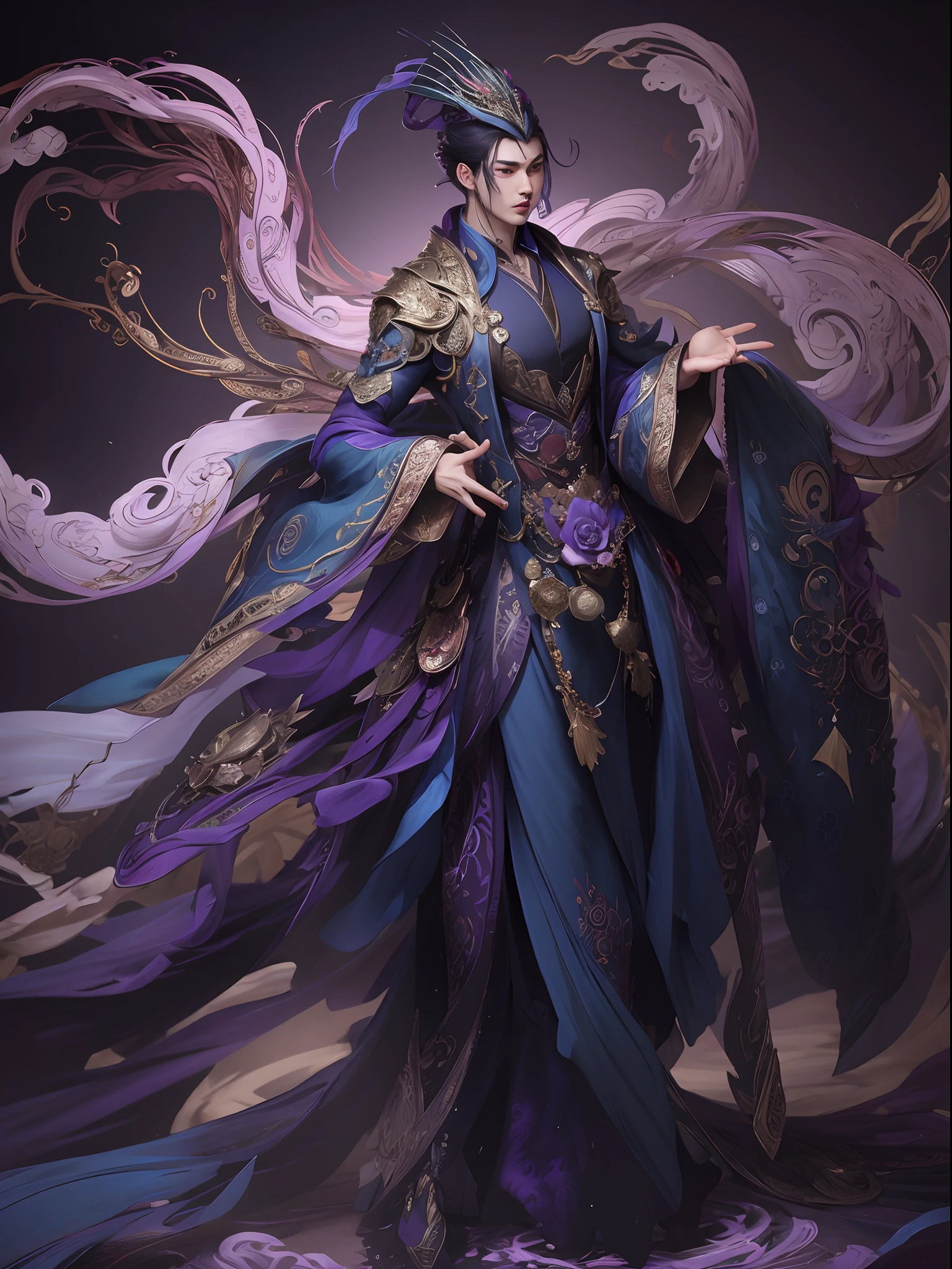 A man,Wu Yifan,shoun,Peacock clothes,opulent,Exposing the pectoral muscles,The clothes are blue,purple and white,mythical character,Moire,floated hair