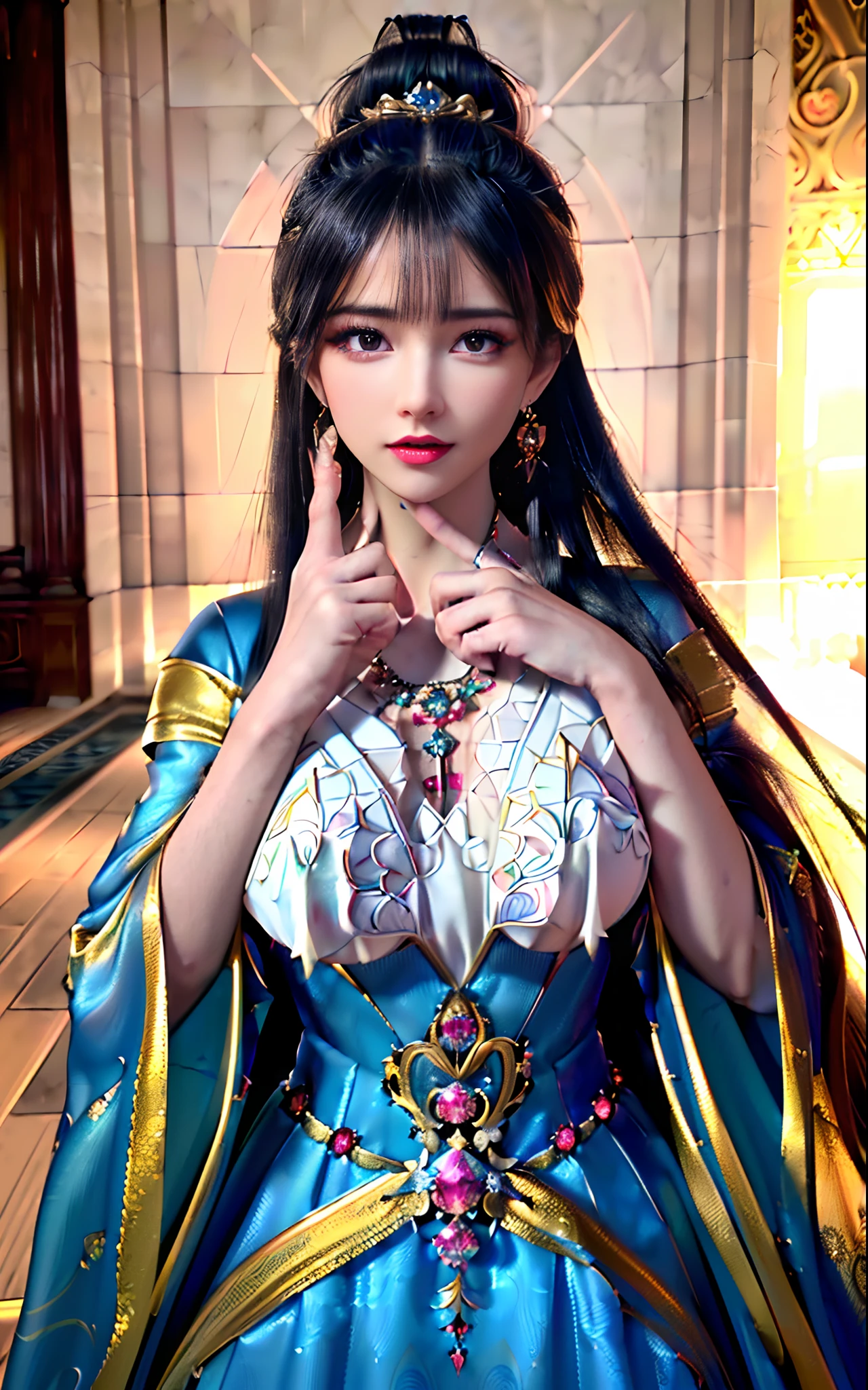 ((realisticity: 1.2)), ((realistic: 8K UHD)), ((best resolution: 8K UHD)), hyper detailed, best quality,masterpiece,highres,cg, ((1 girl hyper detailed and hyper realistic) ) , ((beautiful queen, hyper realistic and hyper detailed)),((white skin, beautiful, smooth, youthful, hyper realistic and hyper detailed )), ((Face hyper beautiful, white, hyper realistic and hyper detailed ) ), long hair, ((hyper realistic and hyper detailed dress)), solo, ((hyper realistic, hyper beautiful, beautiful and hyper detailed jewelry)), ((hyper beautiful deep red and golden yellow dress, hyper realistic and hyper detailed )) , ((Her pretty, hyper realistic, hyper detailed diamond filled earrings)), ((Her gorgeous diamond haircut, hyper realistic and hyper detailed)), ((hyper pretty upper body, hyper beautiful, hyper realistic and hyper detailed) ), ((medium breast: 1.5)), ((hyper realistic, hyper pretty, hyper detailed boobs)), ((the backgroun of the royal palace is hyper majestic, hyper realistic and hyper detailed)),((hands and palms hyper beautiful, hyper detailed, hyper realistic)), ((fingers: pinky finger, index finger, ring finger, middle finger, and thumb hyper realistic, hyper detailed, hyper beautiful)), ((hyper pretty, hyper pretty, hyper realistic and hyper detailed hair bun)), ((hyper pretty , hyper realistic and hyper detailed blue hair)), candid, Photo, high resolution, 8k , bokeh,