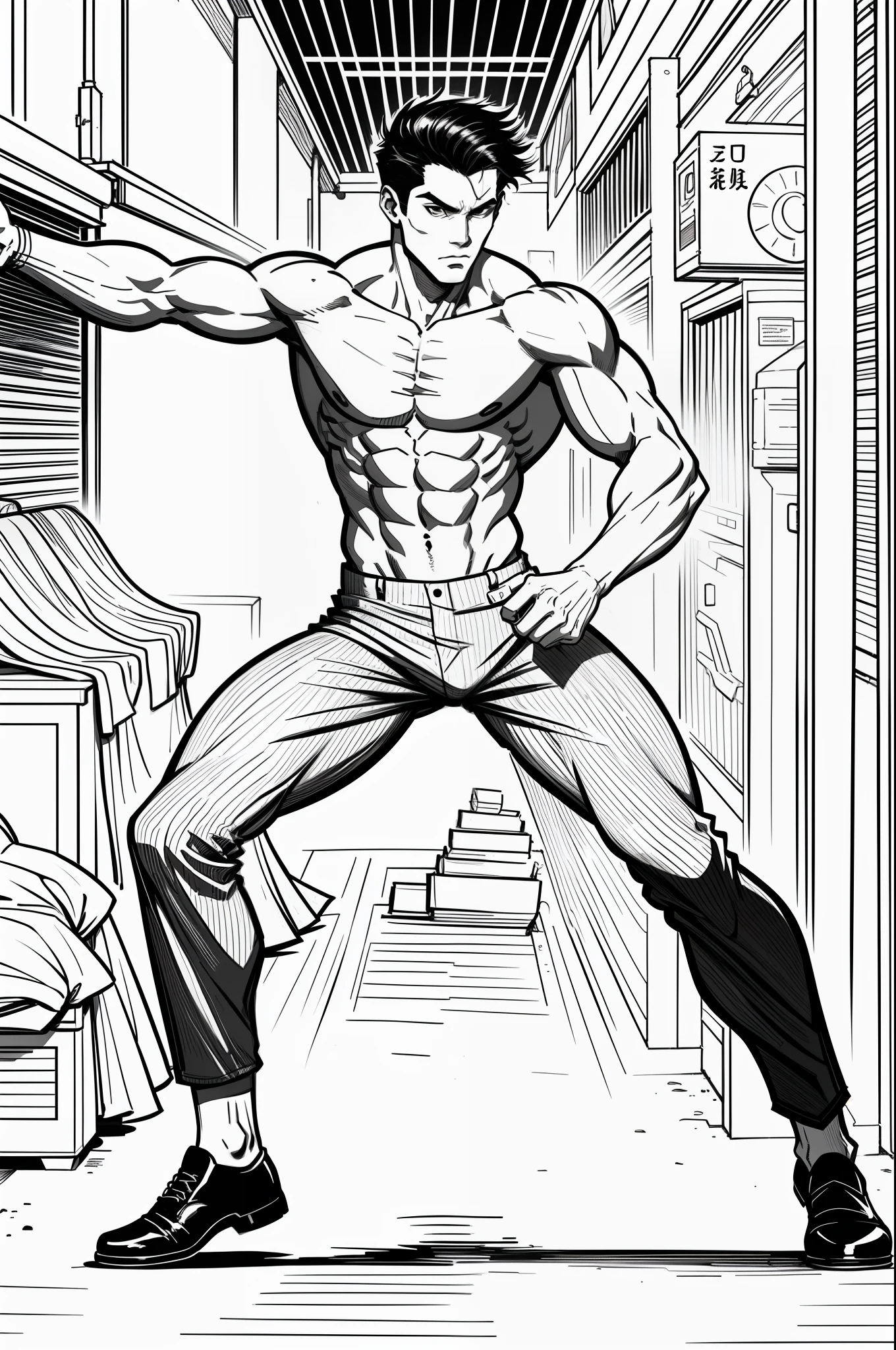 Picture book design, A toned man in cloth pants went into battle shirtless ,handsome,20 years old,street of hong kong,Line art,monochrome,Highest contrast ,No grayscale