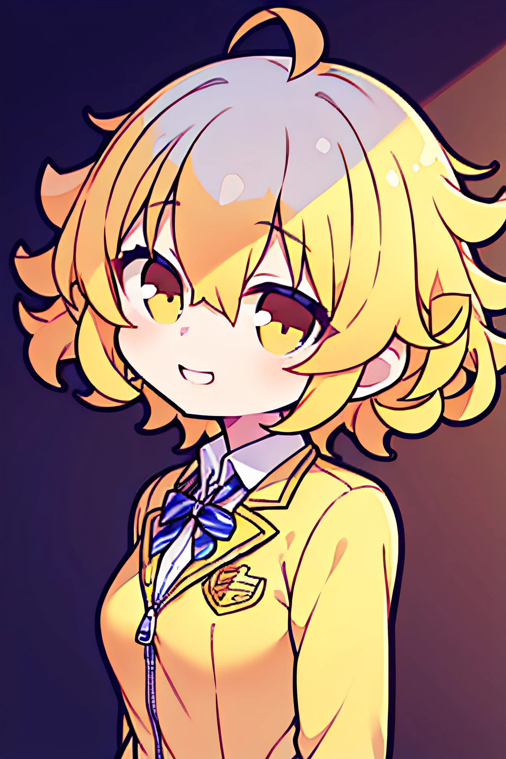 A beautiful girl, anime style girl, yellow hair, ((curly hair)), short hair, shoulder-length hair, (silver eyes), zip up, school uniform, blazer, (((small breasts))), puffing up chicks, with her hands on her waist, 8k, super detail, masterpiece, high quality, high resolution, high detail, high face detail, happiness, HD quality