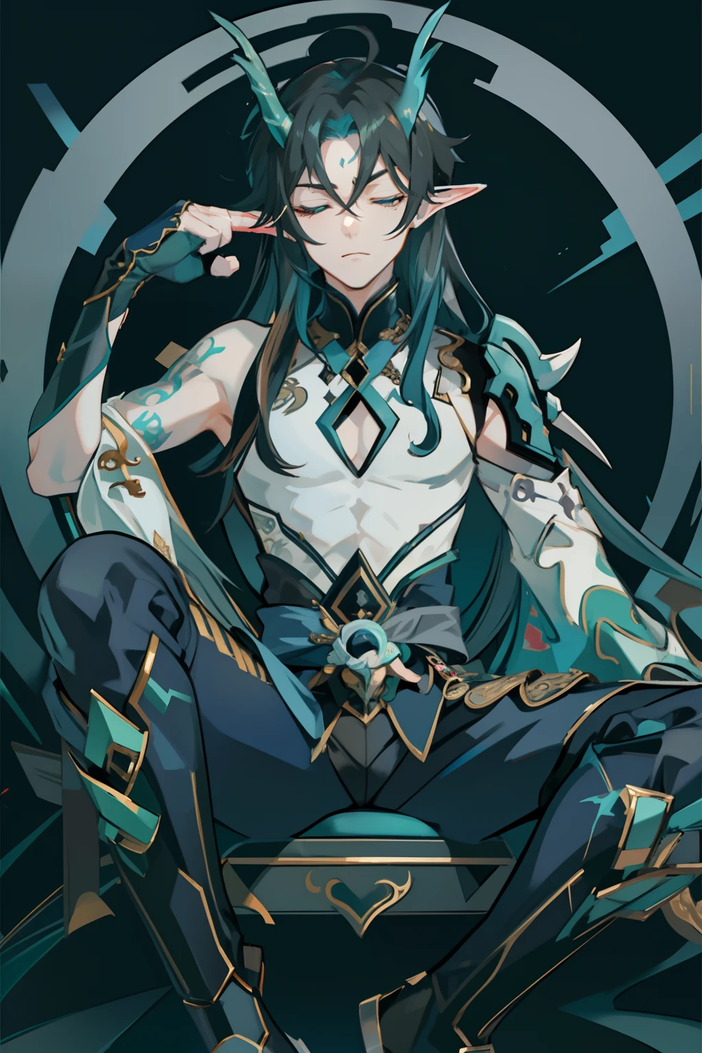 （absurderes，A high resolution，Hyper-detailing，hdr），Dragon's horn，younge boy，tmasterpiece，best qualtiy，1人，独奏，Handsome，Golden eyes，Fine eyes and detailed face，toppless，Tattooed with，arma，seated on a throne，apathy，Abs，chest muscle，Raised sexy，Ruffian，Show your temperament，Male，masculine appeal，Male characteristics are distinct，Long messy hair，Arrogant self-confidence，Sitting majestically on the throne，Legs crossed，white pantie，supreme，Close your eyes and think，Lazy，（sleeping with closed eyes）