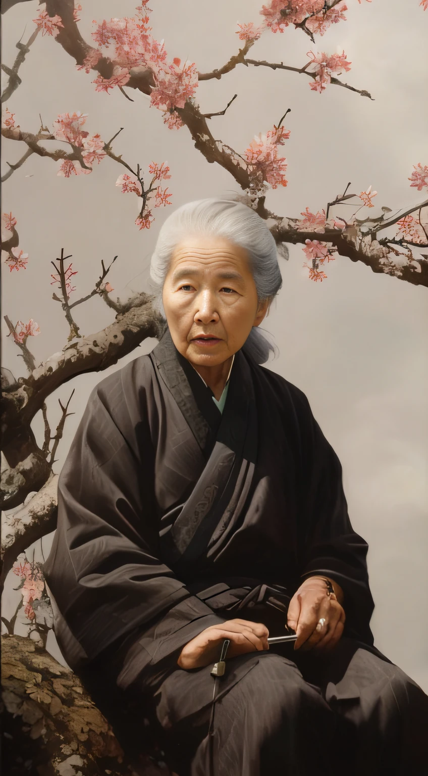An old woman sits under a tree,Holding a maple leaf in his hand,In the background are the sky, hiroya oku painterly, author:Cheng Zhengkui, Japanese woman, Old woman, inspired by Kōshirō Onchi, inspired by Itō Jakuchū, bo xun ling, author:Shen Shichong, inspired by Tani Bunchō