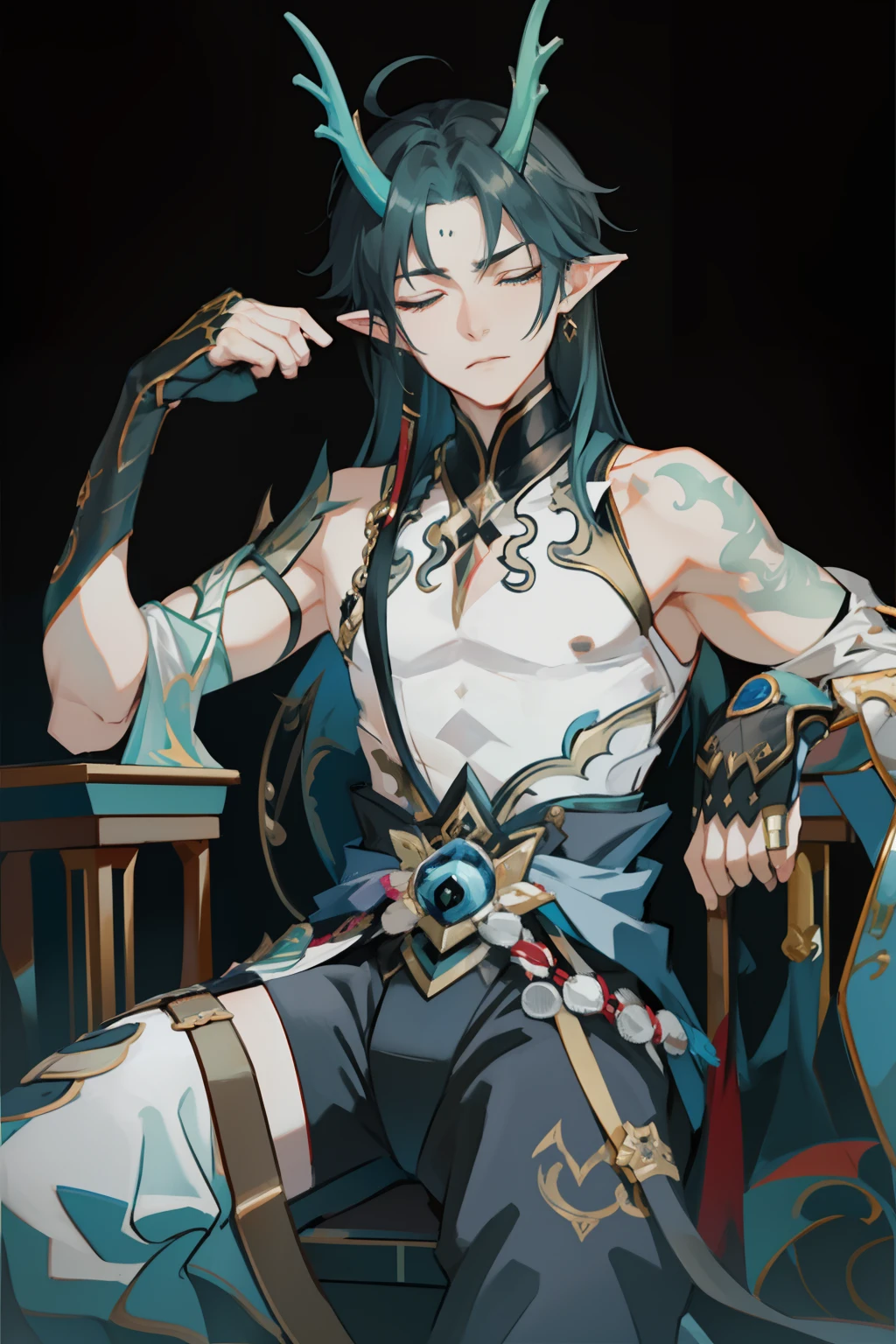(absurderes,A high resolution,Hyper-detailing,hdr),Dragon's horn,younge boy,tmasterpiece,best qualtiy,1人,独奏,Handsome,Golden eyes,Fine eyes and detailed face,toppless,Tattooed with,arma,seated on a throne,apathy,arrogant,haughty,Abs,chest muscle,Raised sexy,Ruffian,Show your temperament,Male,masculine appeal,Male characteristics are distinct,Long messy hair,Arrogant self-confidence,Sitting majestically on the throne,Legs crossed,white pantie,supreme,Close your eyes and think,Lazy,(sleeping with closed eyes)(Too sleepy,Can't open your eyes,Eyes ajar)